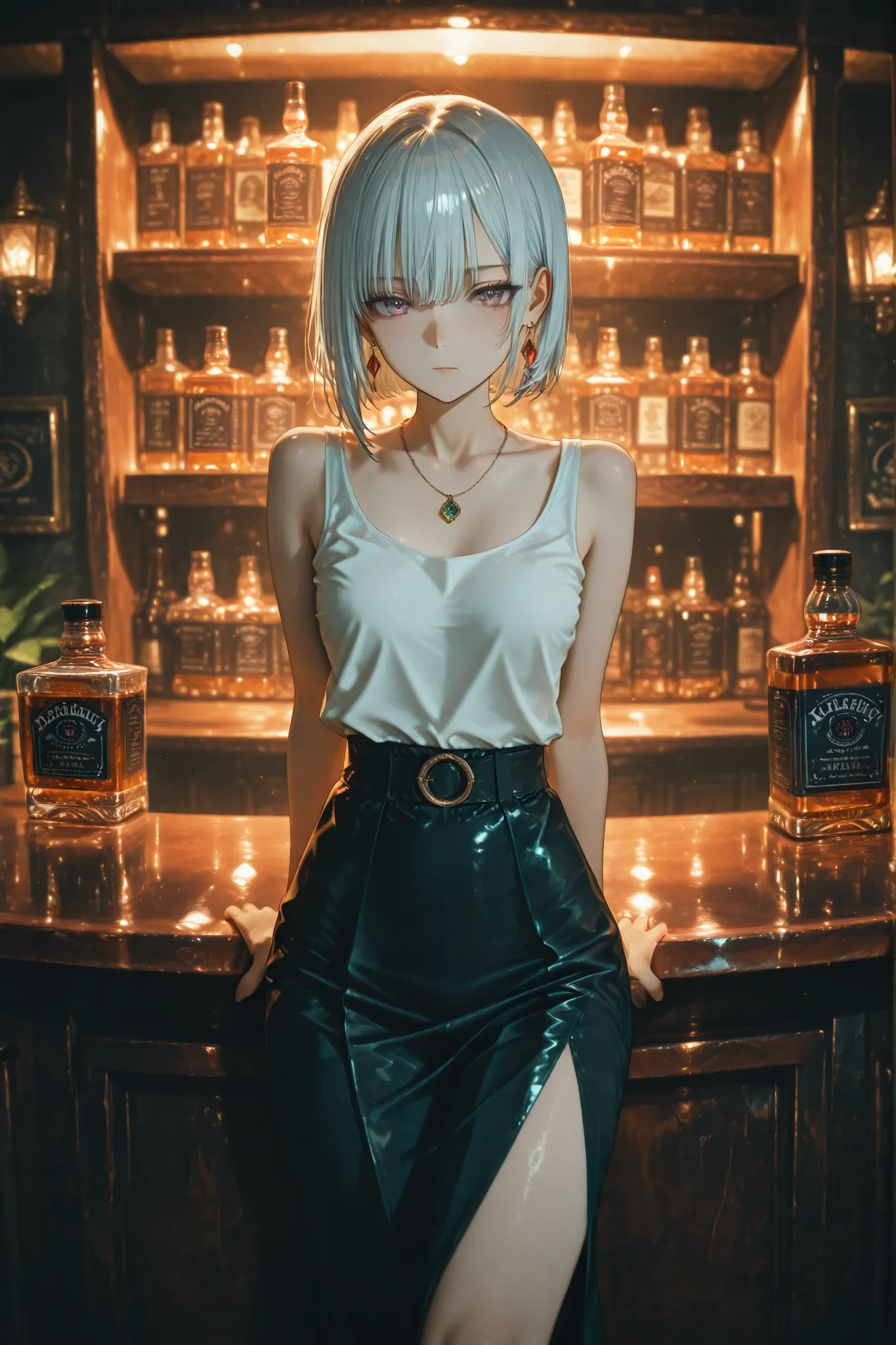 short silver-haired woman is standing at the bar counter, whiskey . White Tank Top,Slit skirt with deep slits, earrings, necklace. bright lighting on stage side,perfection, I'm sitting in an M shape with my legs wide open on a . anime style illustration, ...