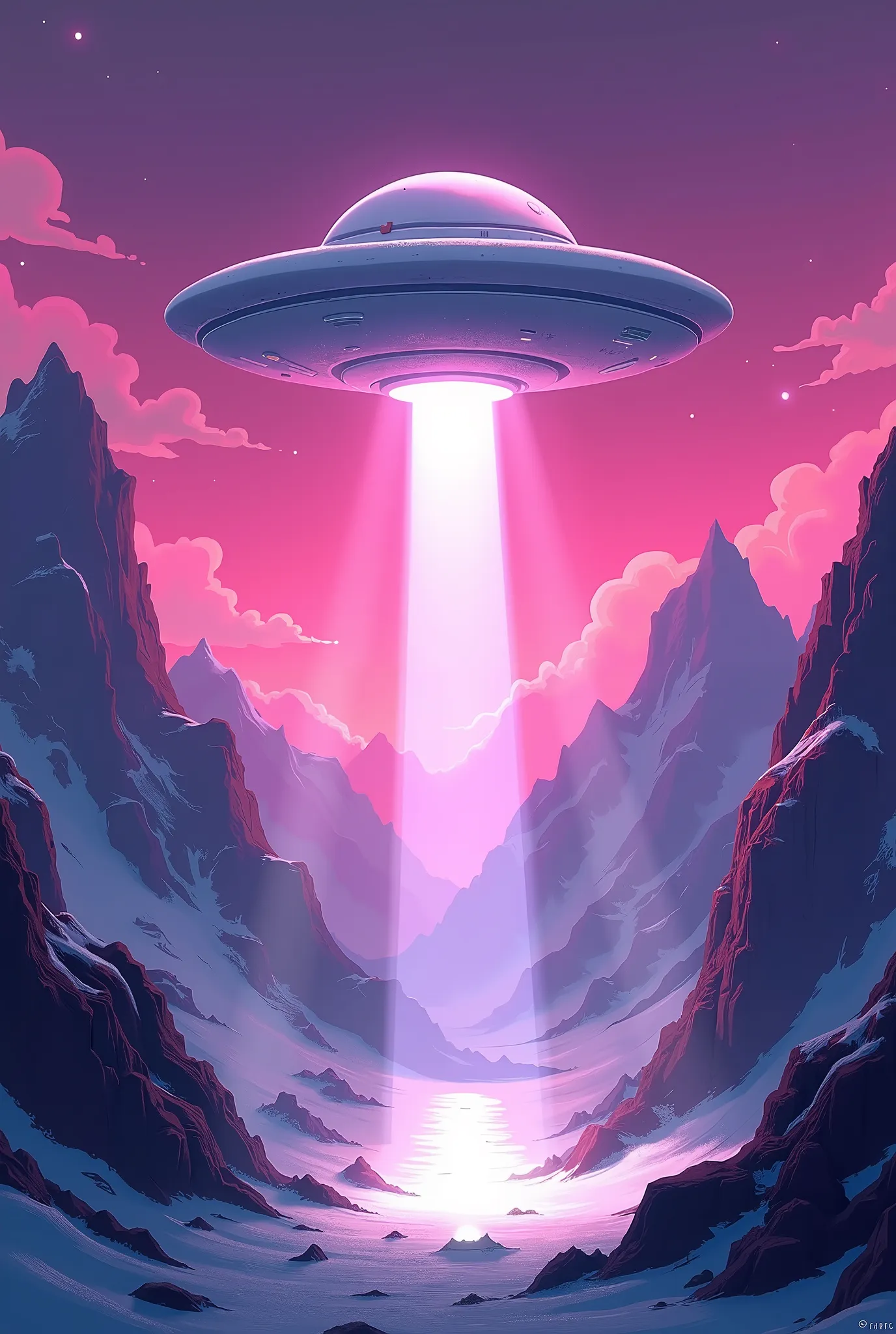 Ufo try land in mountains, with big white light, pink and purple and black colors,  cartoon style, ufo is high up in middle, there is no one there, simmetrycal, center simmetrycal 