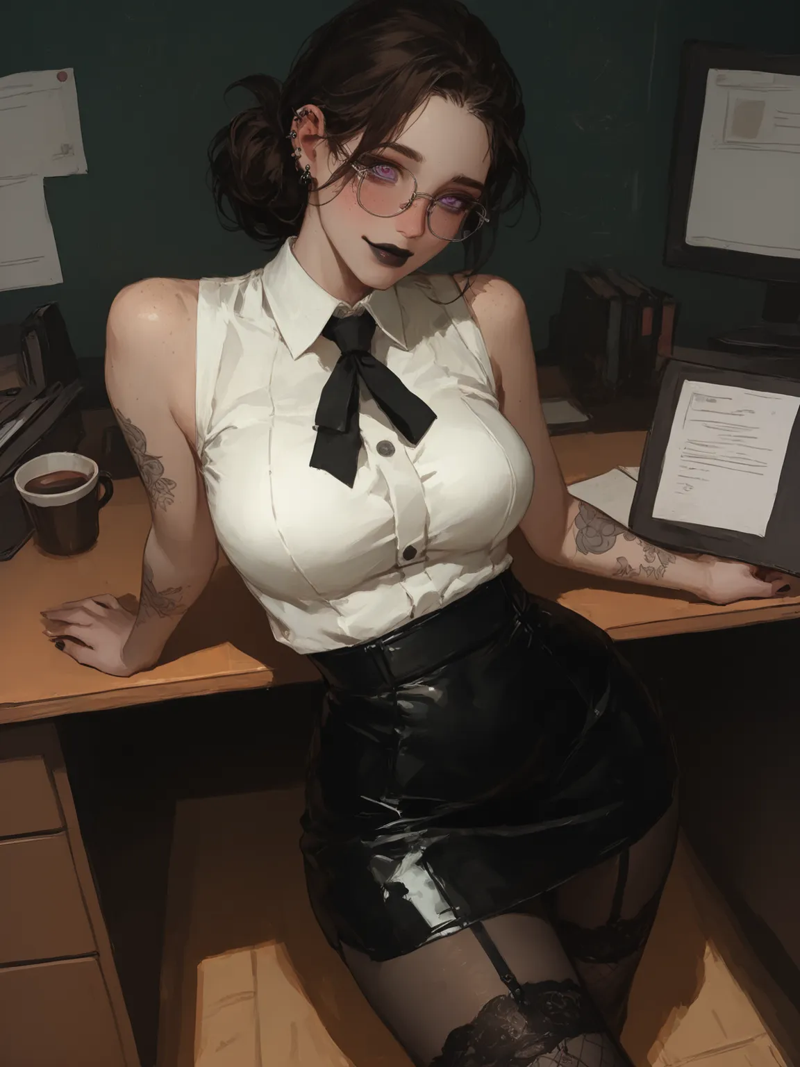 {{masterpiece}} 1 girl, alone, solo. 19 years old. Brunette. Goth girl. Black brown Hair in a low bun, loose forehead. Purple eyes. Ear piercings. Black lips. Tattoo on her arm. Dressed in an expensive secretary suit, a white sleeveless shirt with silver p...