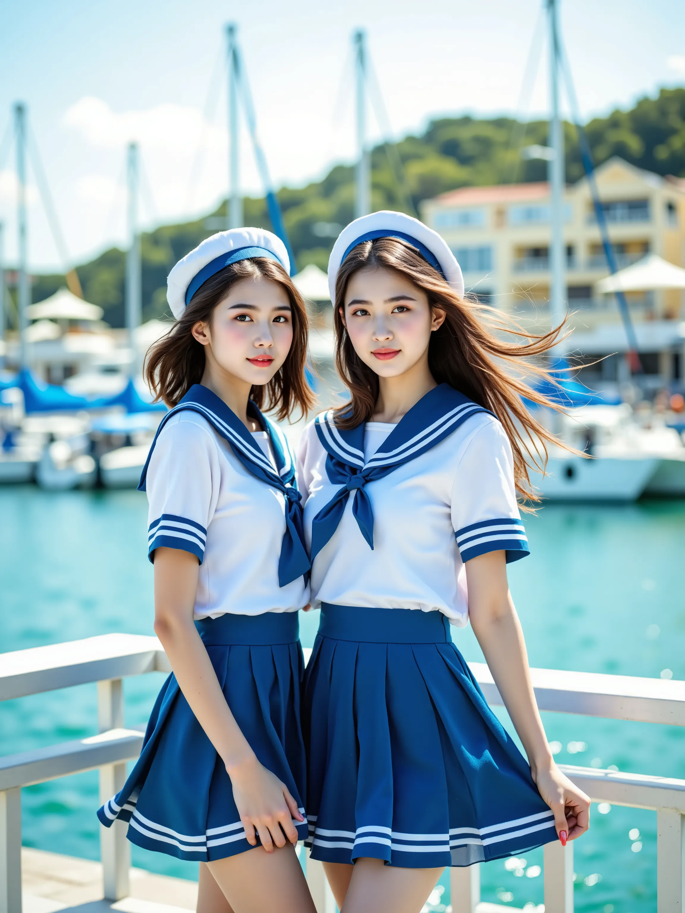 Photo art by Rankin and Peter Kemp. Two beautiful Thai girls in sailor-fuku costumes, in a full-length photo. Posing At the pier of the port in Pattaya. A rich artistic shot. The wind on the sea, fluttering hair, holding skirts. Cheerful mood. seascape of ...