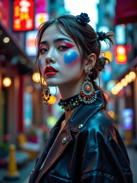 Photo art by Rankin and Peter Kemp. random unusual angle shot. Luxury Japanese Fashion model with eclectic jewelry and face paint, posted in a bold, half-turn stance with hands confidently clasped behind her back, exuding defiance and provocation. Her edgy...