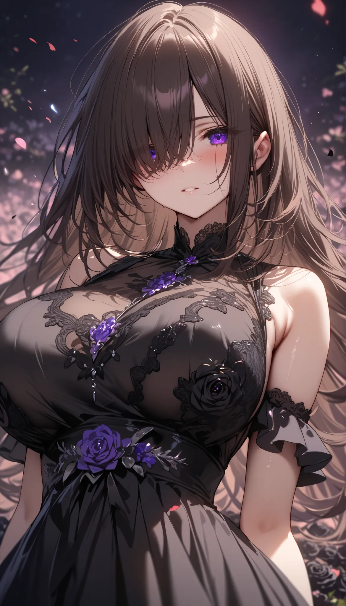 (masterpiece, Highest quality:1.2), (1girl) ,alone, ((long hair)), bangs ,((dark brown hair)), ((hair over face)), (hair over one eye), (hair over right eye), ((detailed eyes)), ((purple eyes)), ((big breast)), high detail, bloom, (black dress), ((detailed...