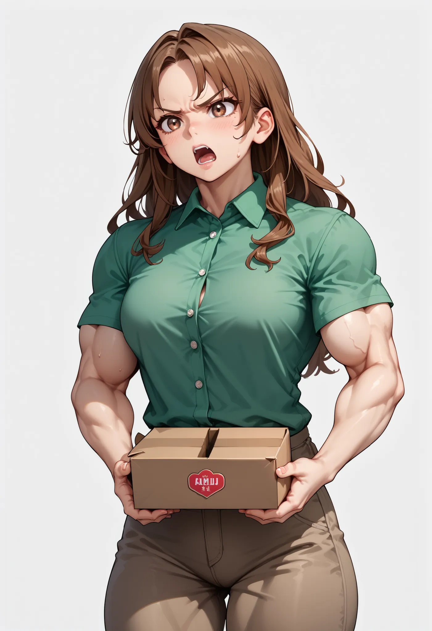 source_anime ,score_9, score_8_ up, score_7, ((White background)) ((Russian woman)) ((1girl)) (solo girl) ,30 years old, rathing_questionable (Green short sleeve polo shirt:1.4) (brown long pants:1.3) brown eyes , (brown Long hair) , straight hair ,((musc...