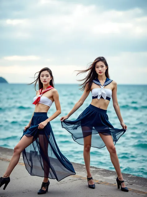 Photo art by Rankin and Peter Kemp. Two beautiful Thai girls, , in sailor-fuku costumes, in a full-length photo. Posing At the pier of the port in Pattaya. A rich artistic shot. The wind on the sea, fluttering hair, holding skirts. The seascape of the port...