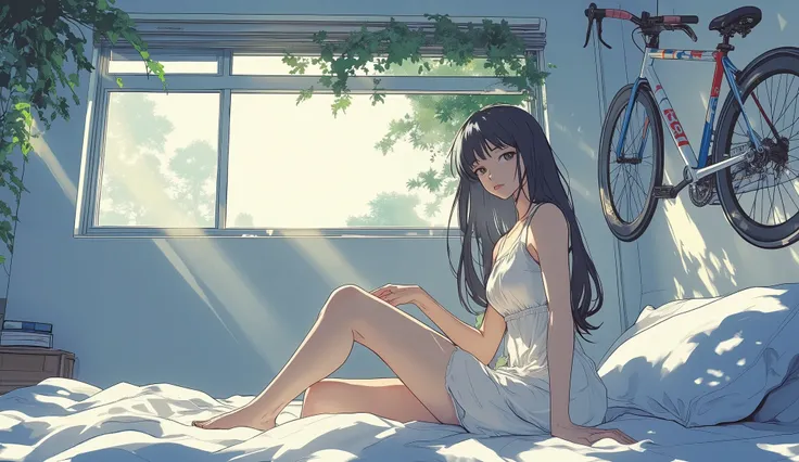 masterpiece, high quality, 4k, best quality, dynamic lighting, first-person view, Anime style scene from a first-person perspective. A tall young woman with dark long hair, wearing a thin white nightgown, sits beside the viewer on a bed. Morning sunlight s...