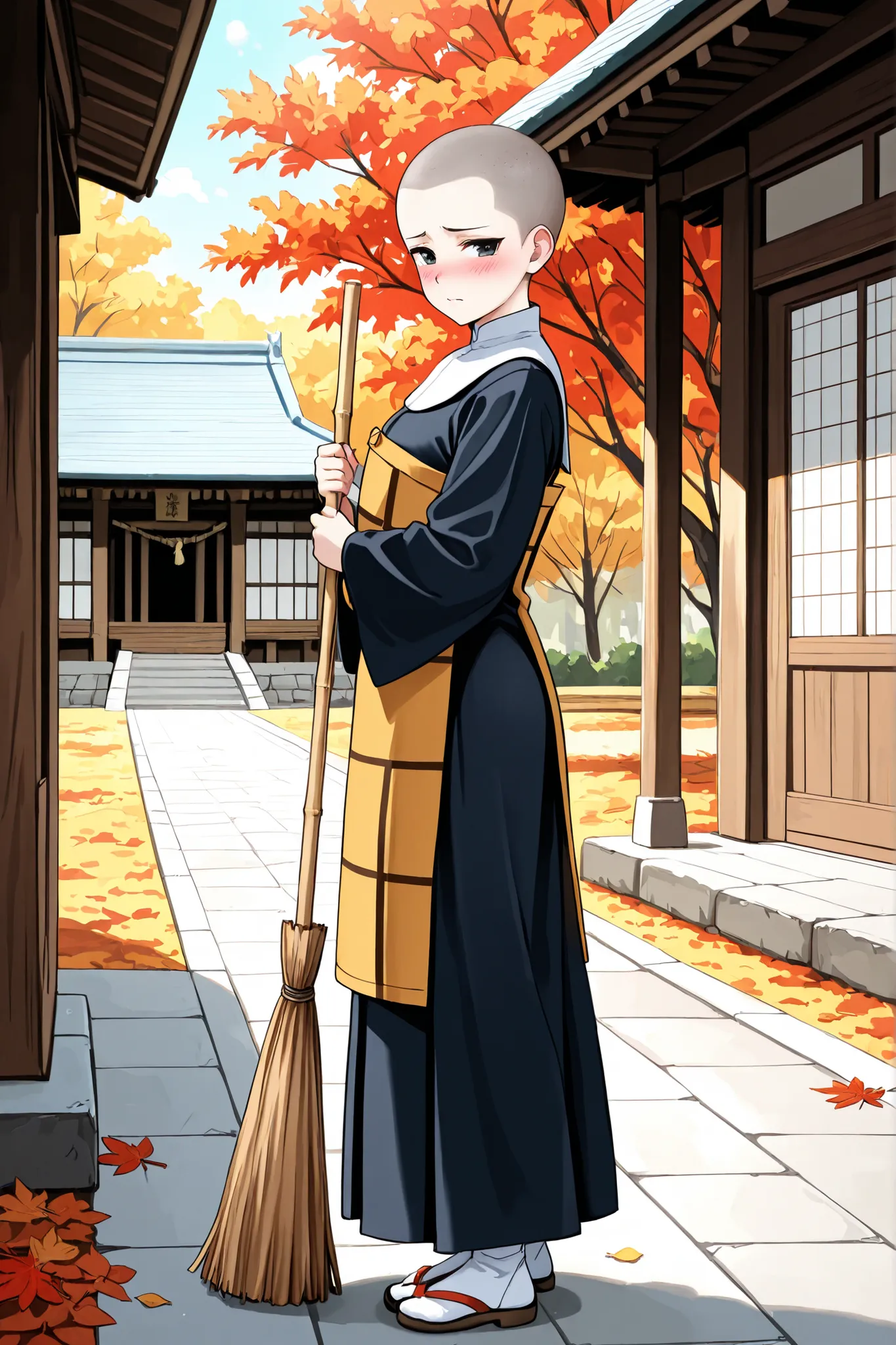 1 girl, beautiful girl,adult,18 years old,black eyes,skinny,masterpiece,general,highres, ultra-detailed,very aesthetic,best quality ,best hands,best eyes,perfect anatomy,anime coloring,easynegative,anime style,white skin,japanese nun,buddhist Nun,shaved he...
