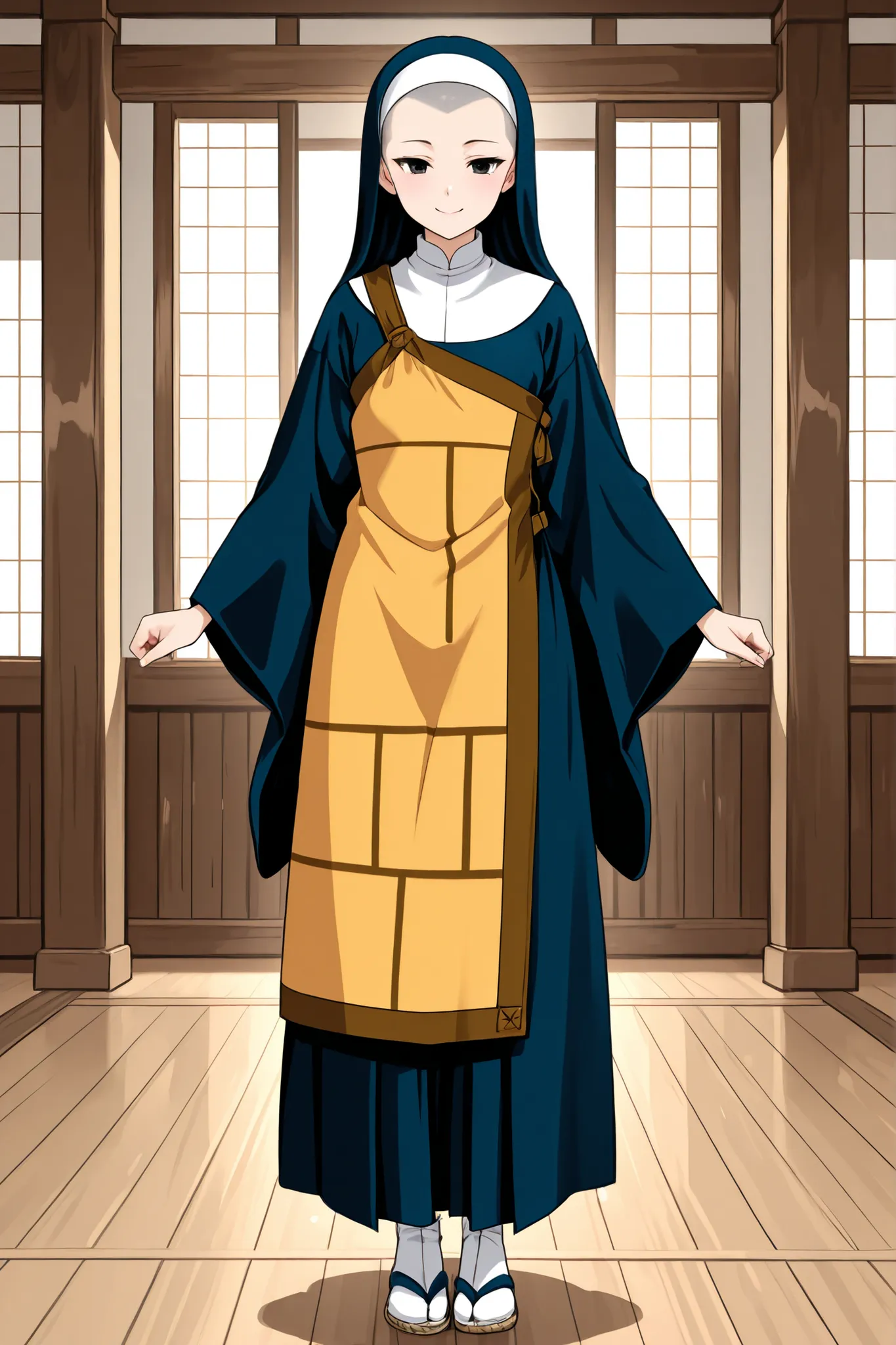1 girl, beautiful girl,adult,18 years old,black eyes,skinny,masterpiece,general,highres, ultra-detailed,very aesthetic,best quality ,best hands,best eyes,perfect anatomy,anime coloring,easynegative,anime style,white skin,japanese nun,buddhist Nun,shaved he...