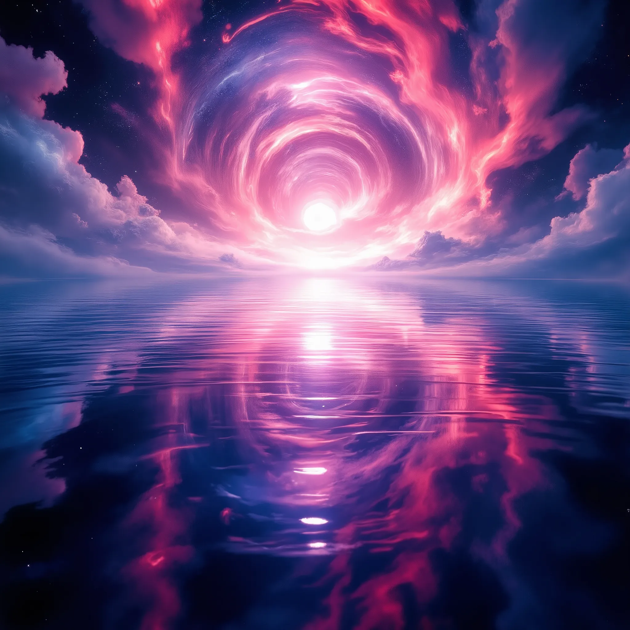 A large expanse of water in space, with images of beautiful reflected in it.rearistic,wave water,ultra clear colors , Mystical and fantastical, ((various colors,gradation)),red lighting ,bright