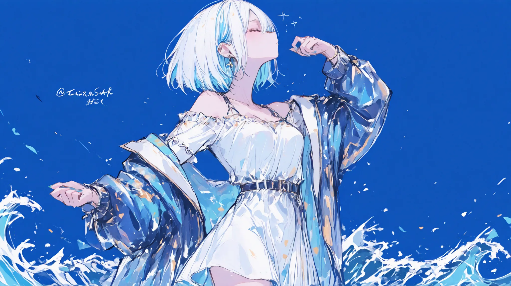 1 girl on break day、solo、chest、short hair、shirt、long sleeve、 dress、 jewelry、Medium Breasts 、blue hair、jacket、Closed Eyes、white hair、Multicolor Hair Under Arms、a cowboy shot、earrings、off-shoulder、 Twitter Username 、Nail Polish、黒い dress、Profile、blue backgrou...