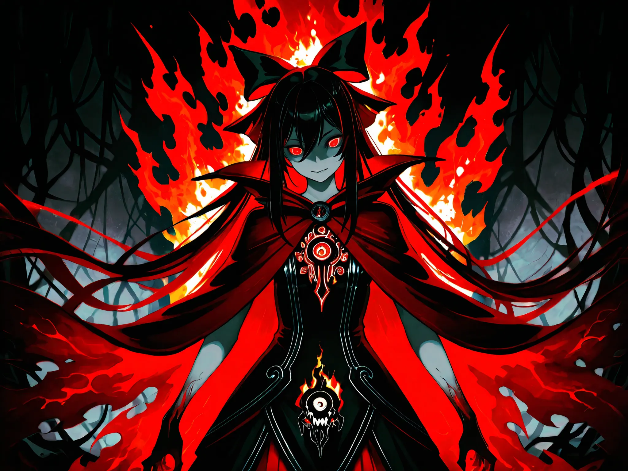 red aura, glowing red eyes, artwork, emitting an evil red aura, popular anime isekai, aura of darkness red light, dark, mysterious expression, long black hair, hair with red streaks, black hair bow, gothic black and red cloak, intricate detailing, glowing ...