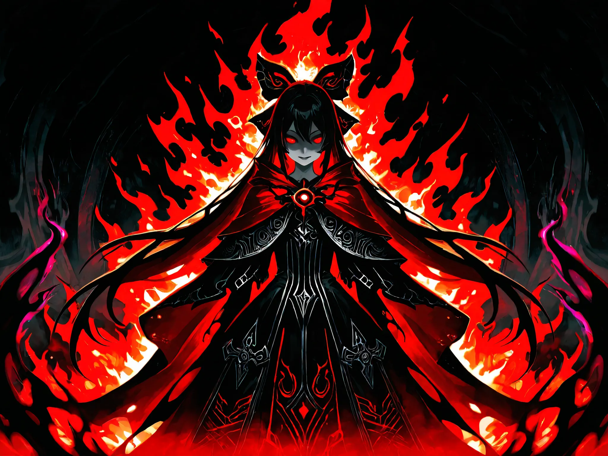 red aura, glowing red eyes, artwork, emitting an evil red aura, popular anime isekai, aura of darkness red light, dark, mysterious expression, long black hair, hair with red streaks, black hair bow, gothic black and red cloak, intricate detailing, glowing ...