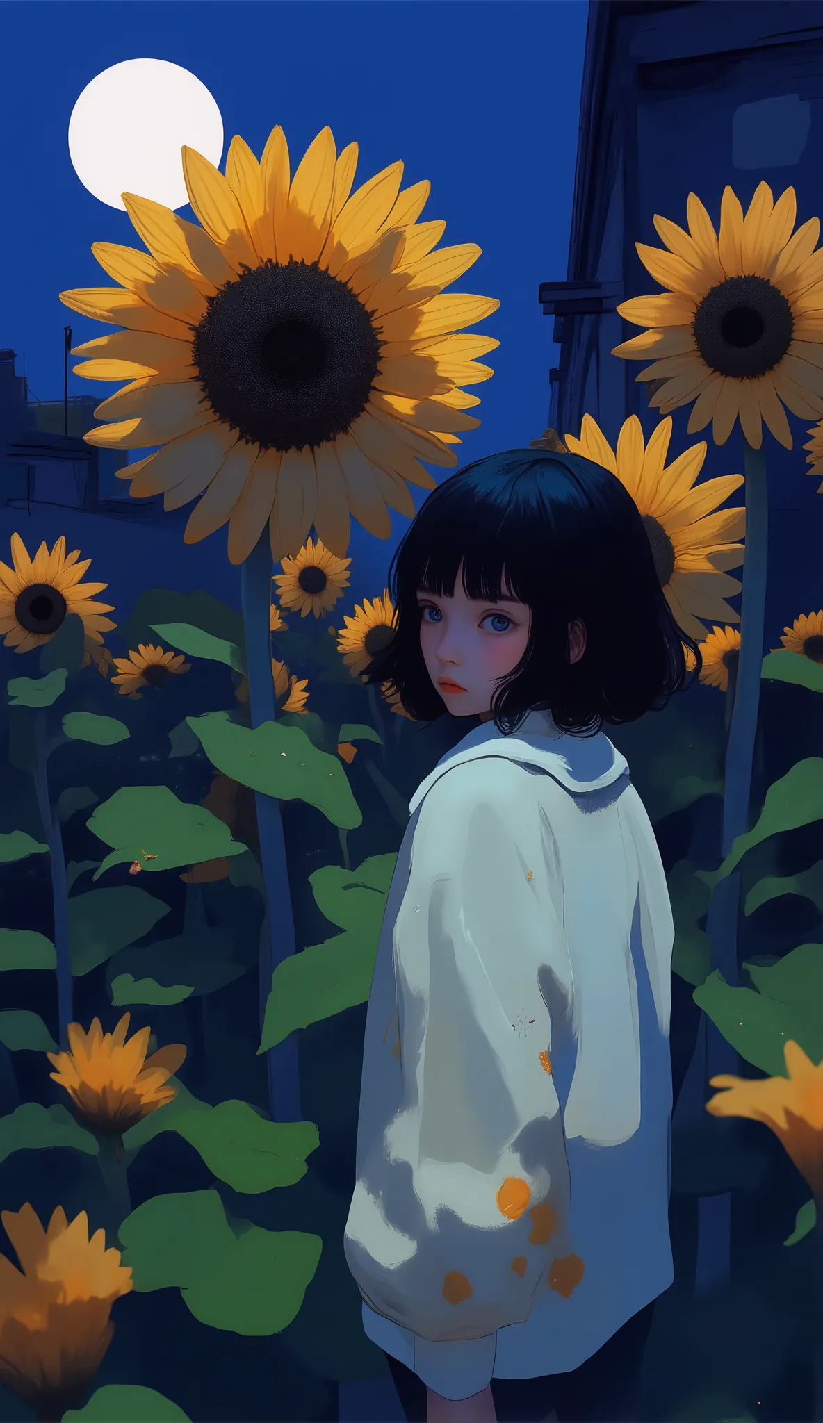 A surreal nighttime scene with towering sunflowers dominating the foreground. Their petals droop slightly, basking under the glow of a bright full moon set against a deep navy sky. The flowers' intricate details and verdant leaves contrast sharply with the...
