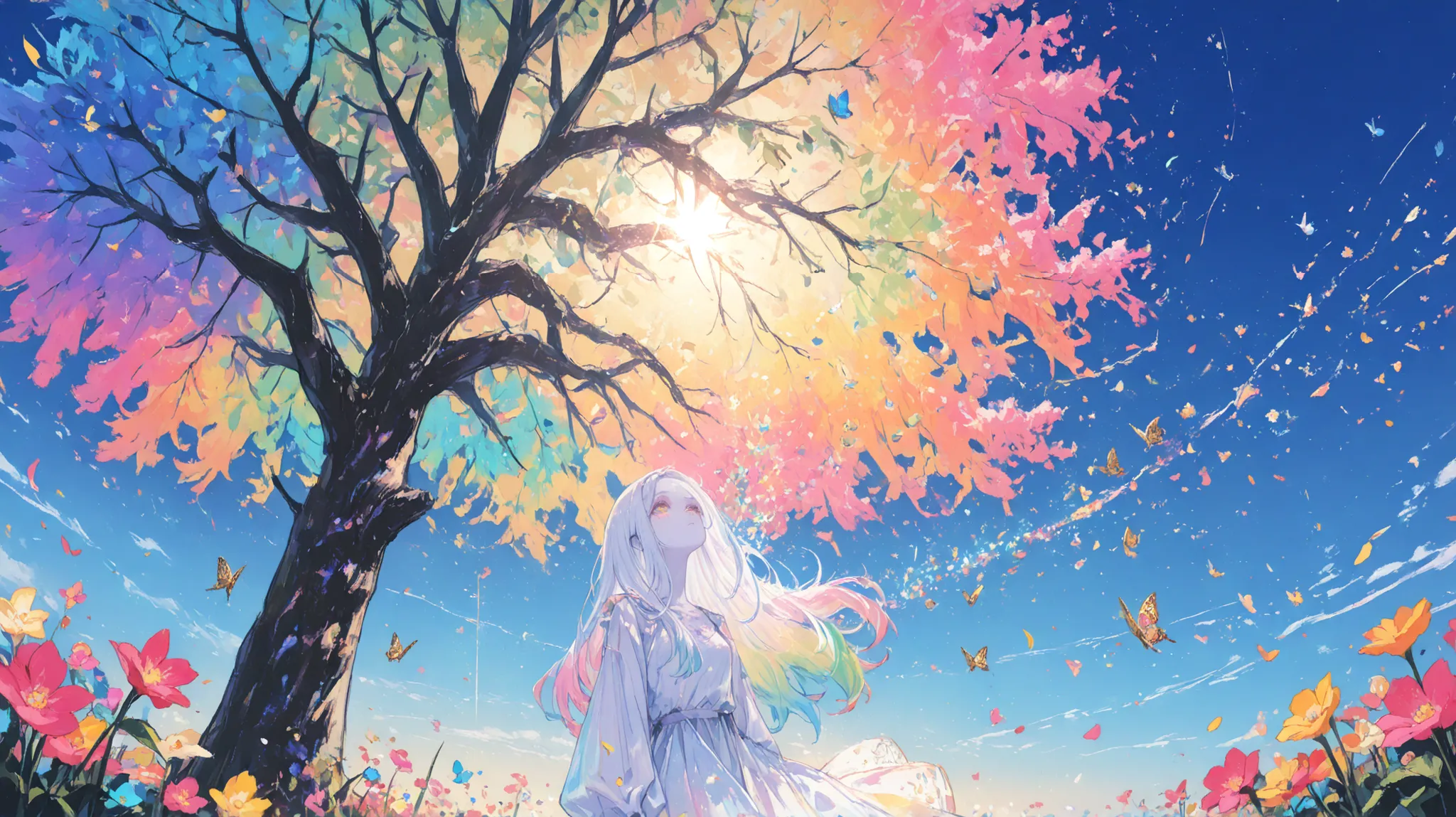 (female\(student, , JK, long hair, colorful eyes, pale skin,) look up at the sky), (lots of butterflies are dancing in the air), beautiful sky from the light source, summer,, colorful flowers are blooming everywhere , Mysterious and dreamy ,Big Tree,qualit...