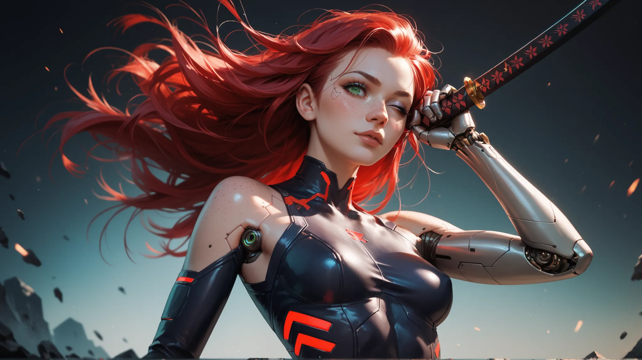 cyberpunk style, girl red hair, long hair, green one eye, freckles all over my body, robotic arm, mechanical implant place for one eye, slim body fold, tight suit spandex, different bright colors, holds a neon katana in his hand