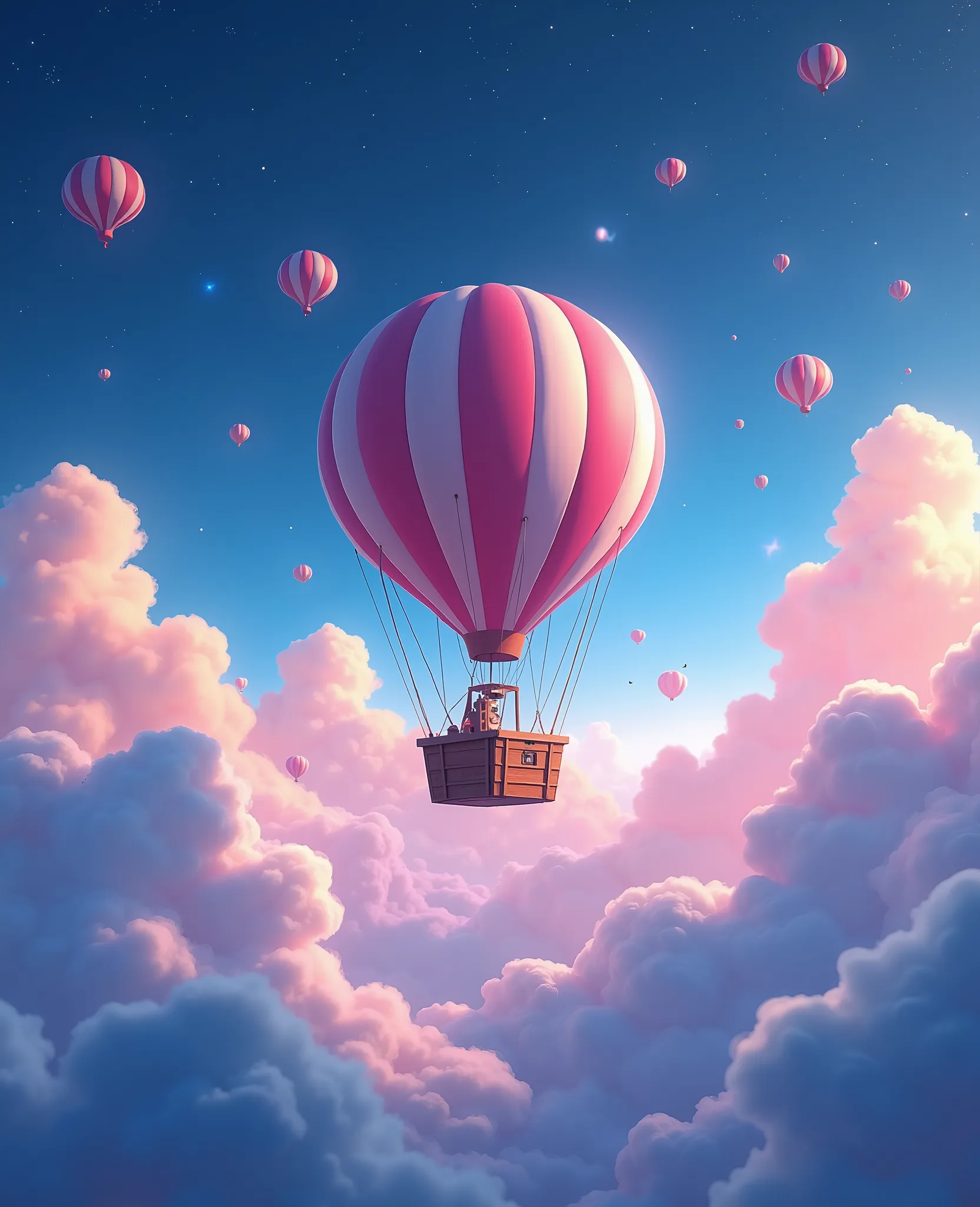 (Extremely unified CG scene design),(Character Design),( Spectacular balloon boat floating above the clouds), pink and blue , Starlight ,rosette,butterfly,,like a dream,Mysterious Lighting,More about 4k,Dramatic light and dark ,like a dream, Beautiful lig...