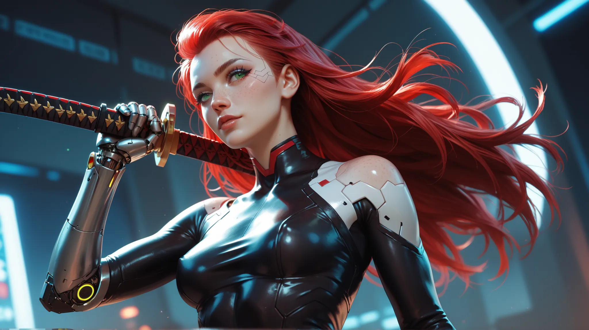 cyberpunk style, girl red hair, long hair, green one eye, freckles all over my body, robotic arm, mechanical implant place for one eye, slim body fold, tight suit spandex, different bright colors, holds a neon katana in his hand