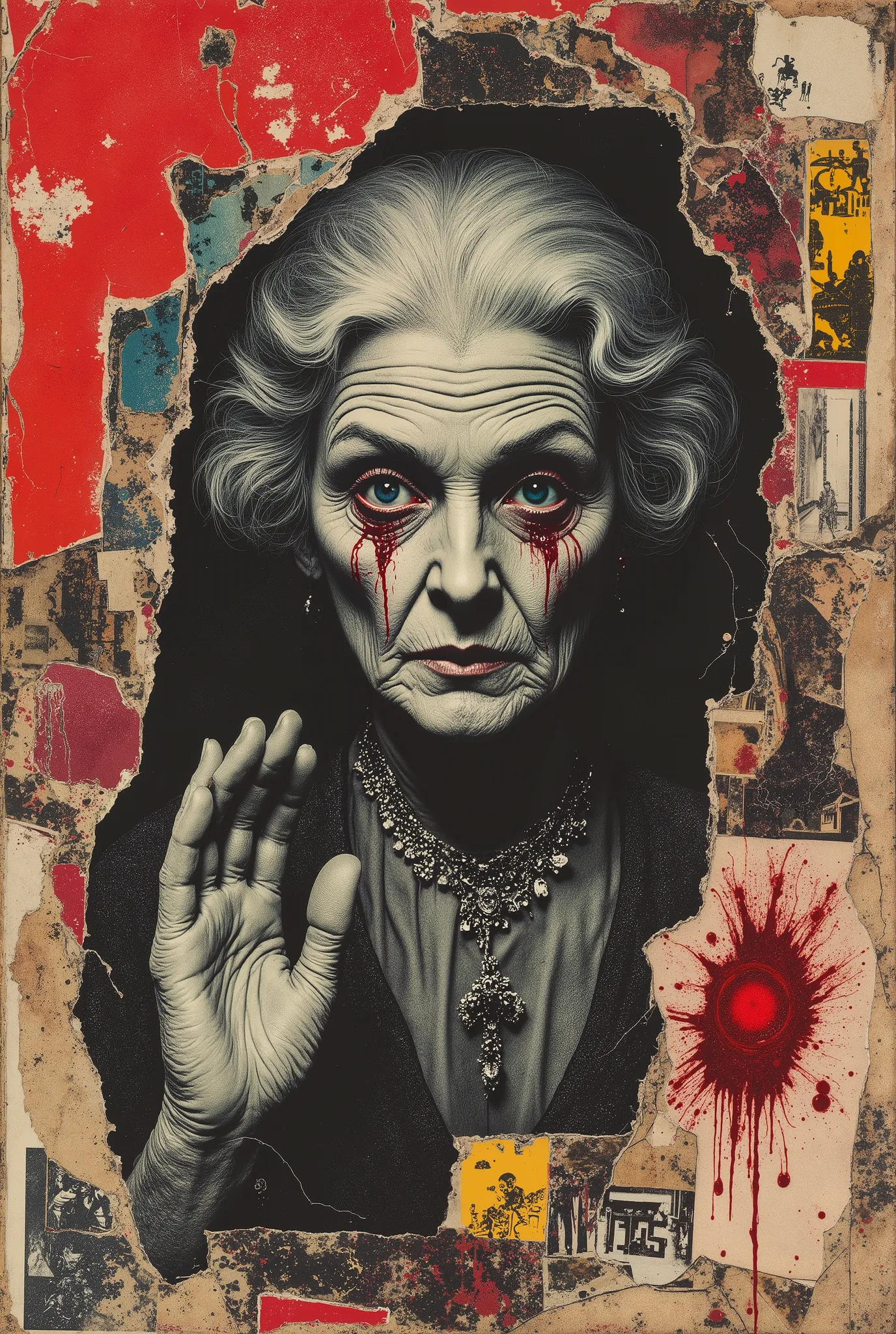film(1929), directed by Luis Buñuel. Surreal retro collage artwork composed of cutouts from vintage horror magazines, chaotic and rebellious composition, torn paper textures, bold pop colors, absurd juxtapositions, sinister nostalgic aesthetic. Hidden with...