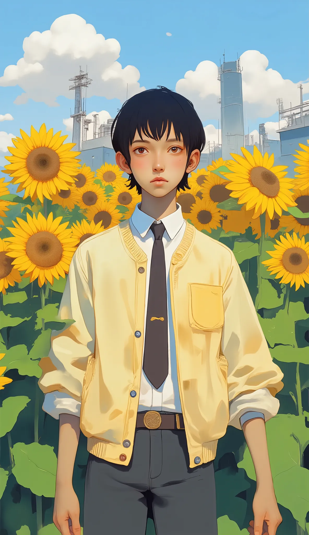 picture of a man standing in front of a field of sunflowers, in style of Studio Ghibli, by Kamisaka Sekka, Studio Ghibli art style, Ghibli style focusing on , by Miyazaki, Sulky :: Studio Ghibli, ghibli art style, Studio Ghibliに触発された, Studio Ghibli artst...