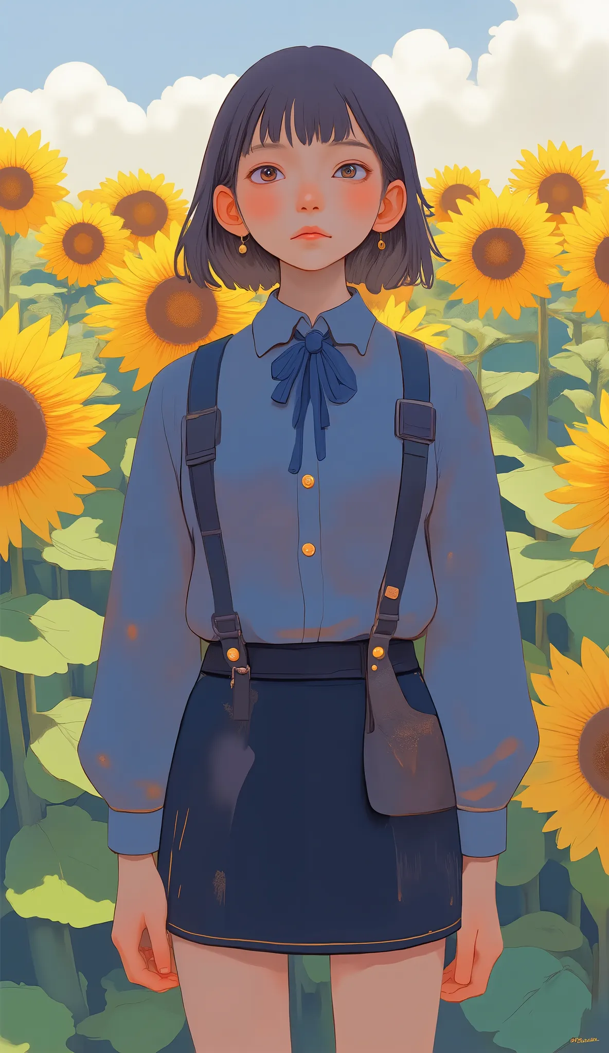 picture of a man standing in front of a field of sunflowers, in style of Studio Ghibli, by Kamisaka Sekka, Studio Ghibli art style, Ghibli style focusing on , by Miyazaki, Sulky :: Studio Ghibli, ghibli art style, Studio Ghibliに触発された, Studio Ghibli artst...