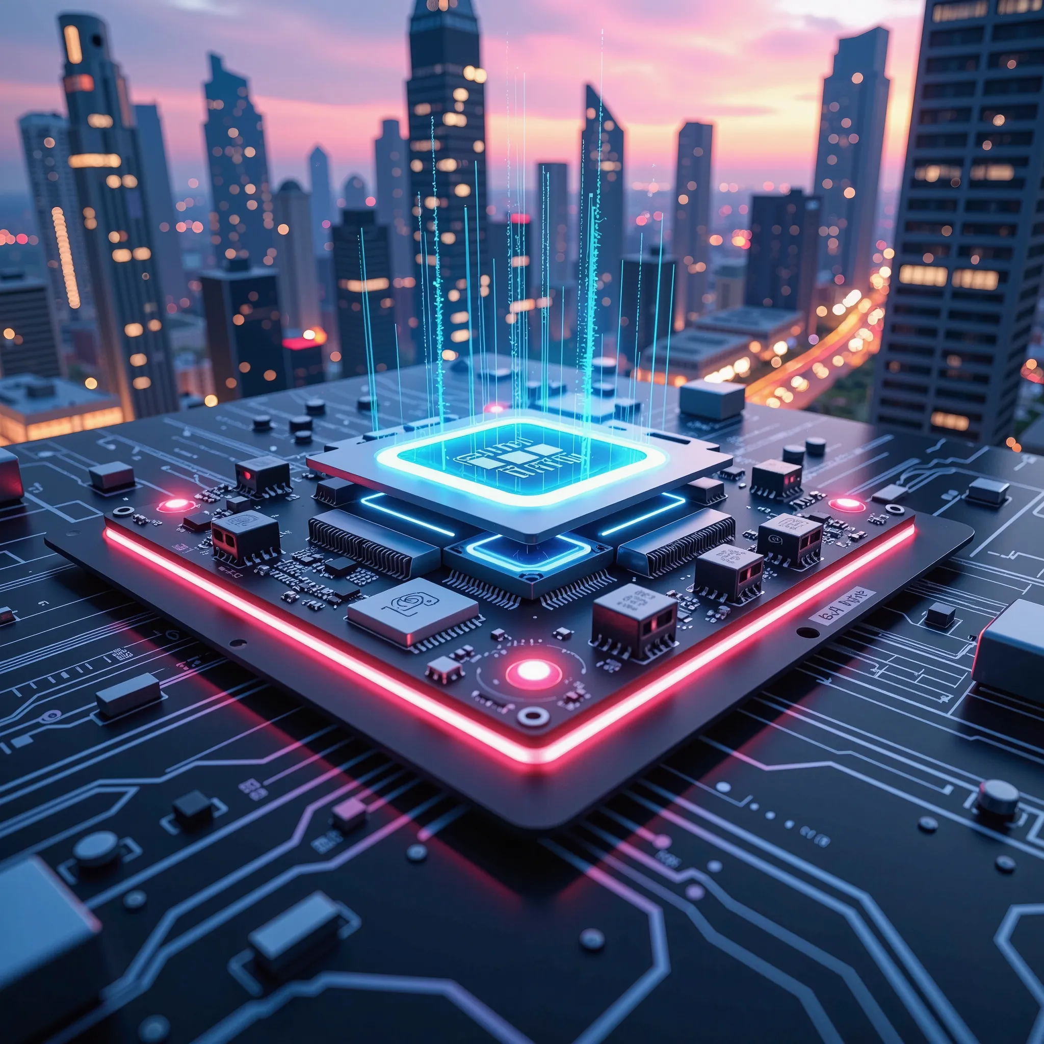 Advertising illustration of a high-tech circuit board integrated into a futuristic cityscape; the electronic components appear oversized and glowing, symbolizing innovation and connectivity. The setting is a sleek, clean urban environment at dusk, with a n...