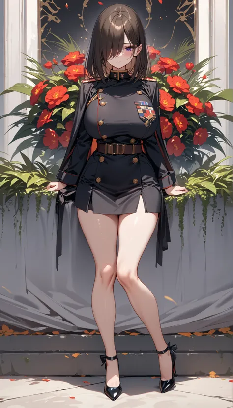 (masterpiece, Highest quality:1.2), (1girl), alone, ((medium hair)), ((straight hair)),(dark brown hair)),((hair over face)), (hair over one eye), (hair over right eye), (), (purple eyes), ((detailed eyes)), high detail, bloom, ((detailed face)), ((big bre...