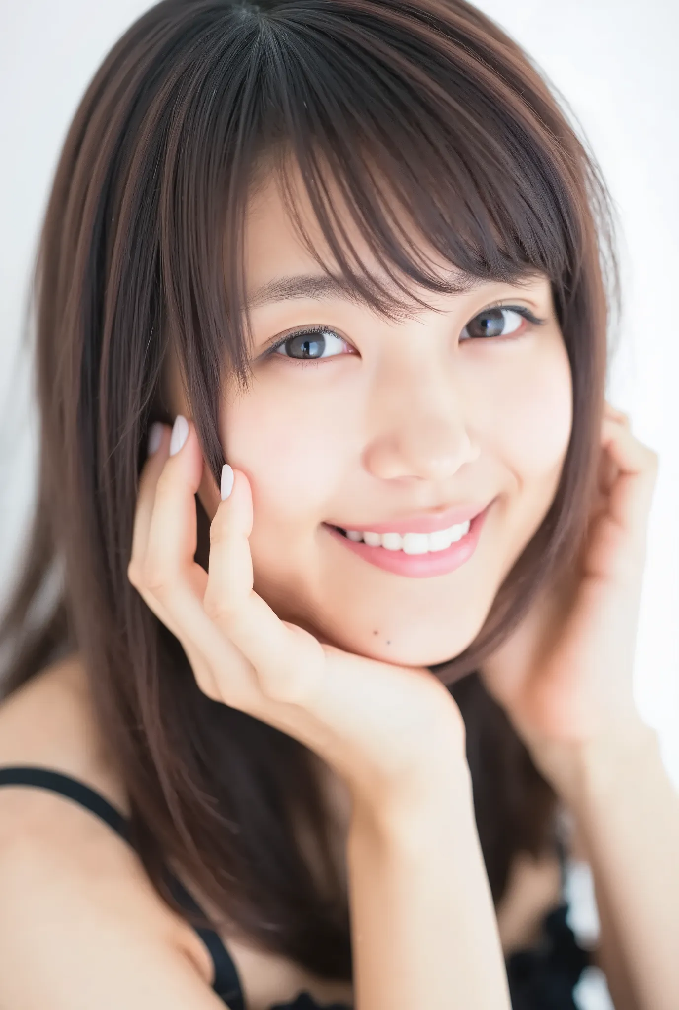 extreme close-up portrait of a beautiful 20-year-old Japanese woman, ultra photo-realistic, cinematic lighting, head slightly tilted, cheeks flushed with happiness, soft glossy lips slightly parted in a gentle smile, face taking up 98% of the frame, moist ...