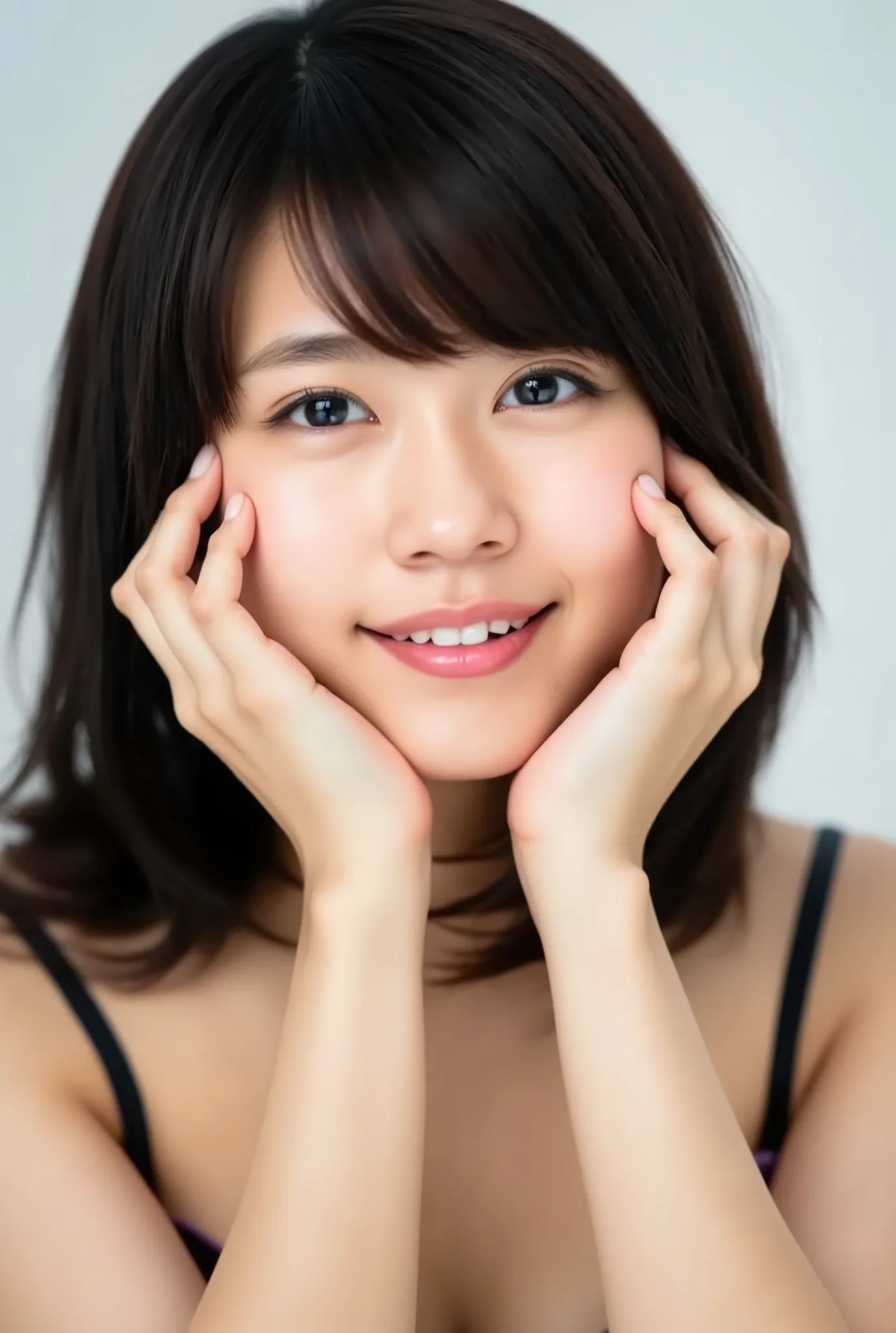 extreme close-up portrait of a beautiful 20-year-old Japanese woman, ultra photo-realistic, cinematic lighting, head slightly tilted, cheeks flushed with happiness, soft glossy lips slightly parted in a gentle smile, face taking up 98% of the frame, moist ...