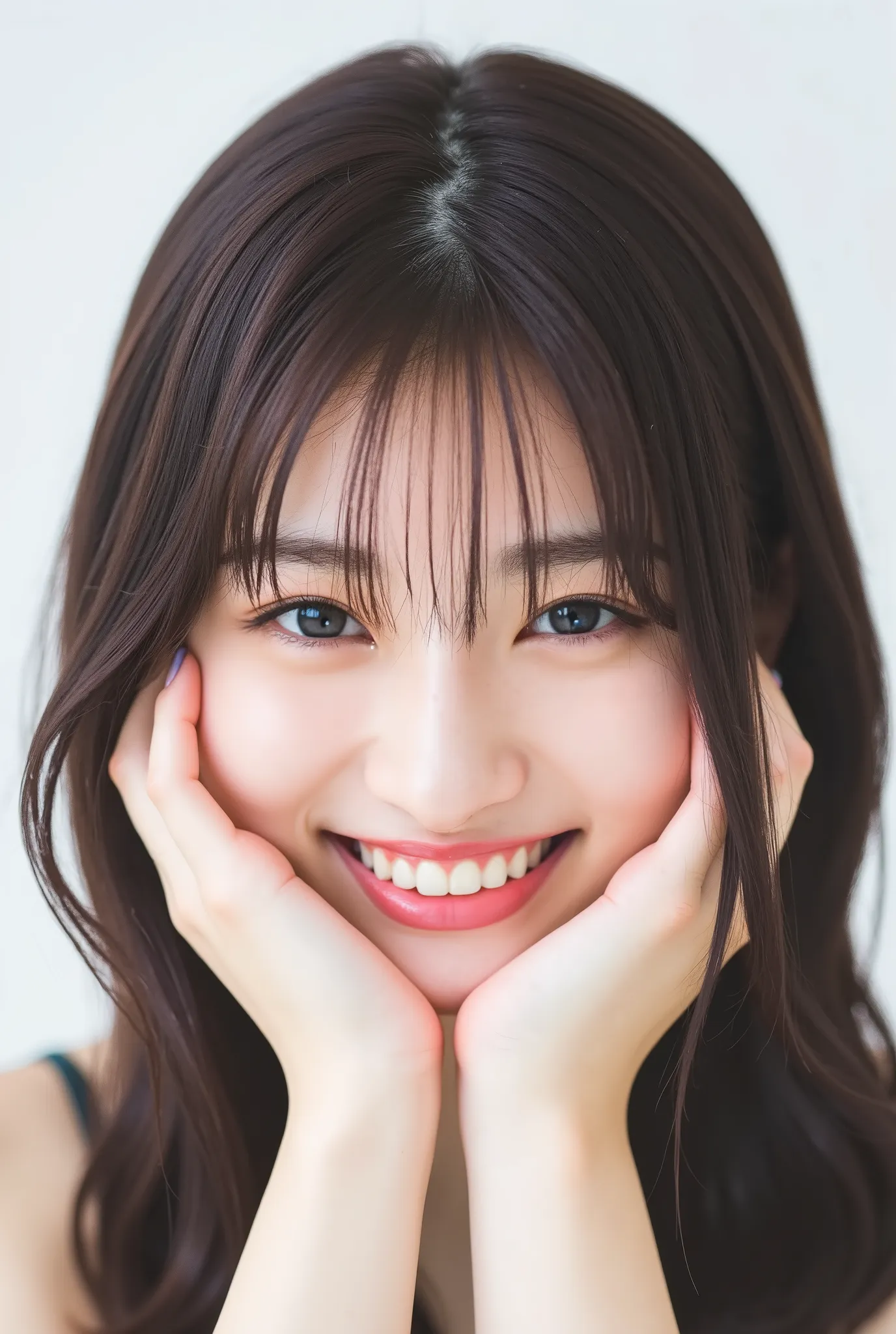 extreme close-up portrait of a beautiful 20-year-old Japanese woman, ultra photo-realistic, cinematic lighting, head slightly tilted, cheeks flushed with happiness, soft glossy lips slightly parted in a gentle smile, face taking up 98% of the frame, moist ...