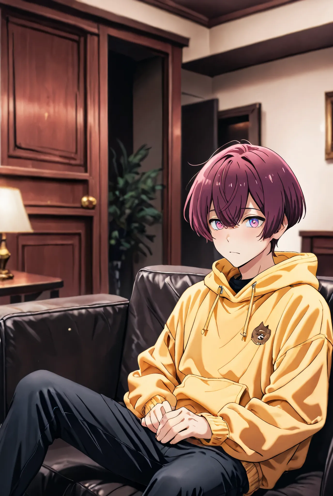A huge room 1 boy, dark red Violet brown Edgar haircut, salmon pink eyes,long pupil ,golden hoodie, black short, sitting on a sofa with another boy,dark brown average haircut, smoky blue eyes,black top , whie jacket, black jeans