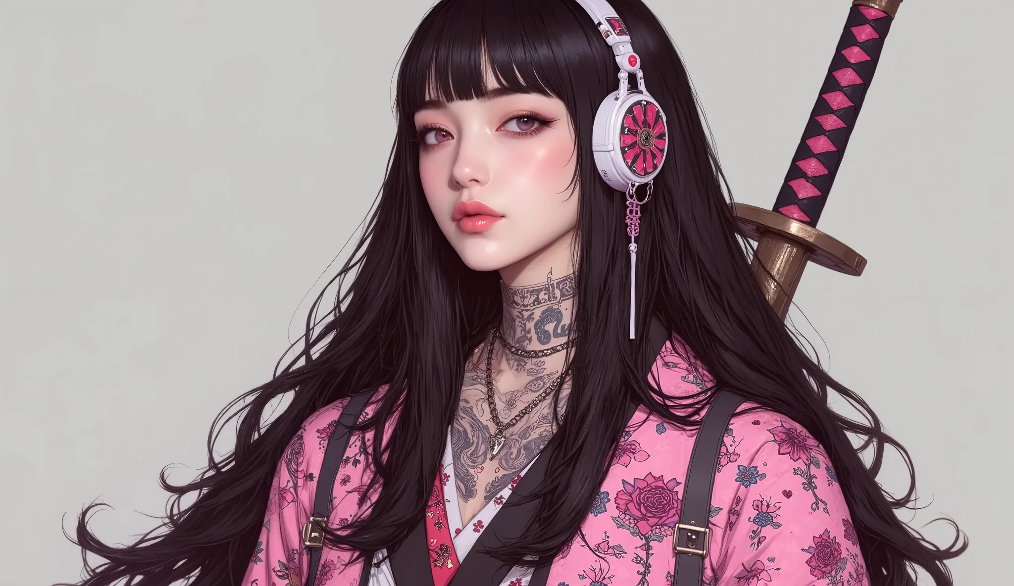 (masterpiece, ultra detailed,best quality,(((simple backgorund))), (((hip hop girl))), (((1 girl))), (((Flashy makeup))), (((Japanese style headphones))),((samurai sword at back )), (((kimono ))),(((TATOO))), beautiful girl, long multiCOLOR Hair, Delicate...