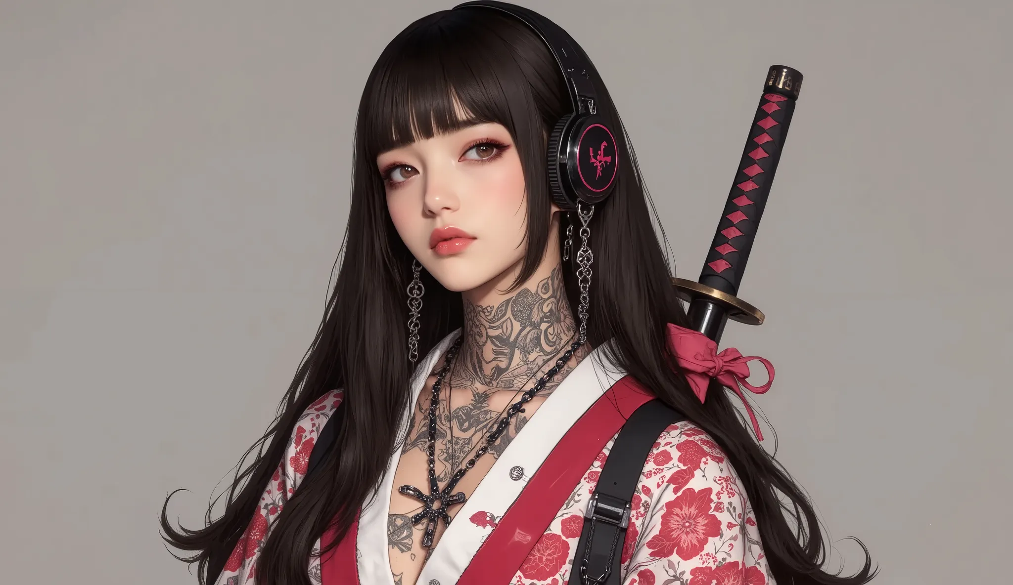 (masterpiece, ultra detailed,best quality,(((simple backgorund))), (((hip hop girl))), (((1 girl))), (((Flashy makeup))), (((Japanese style headphones))),((samurai sword at back )), (((kimono ))),(((TATOO))), beautiful girl, long multiCOLOR Hair, Delicate...