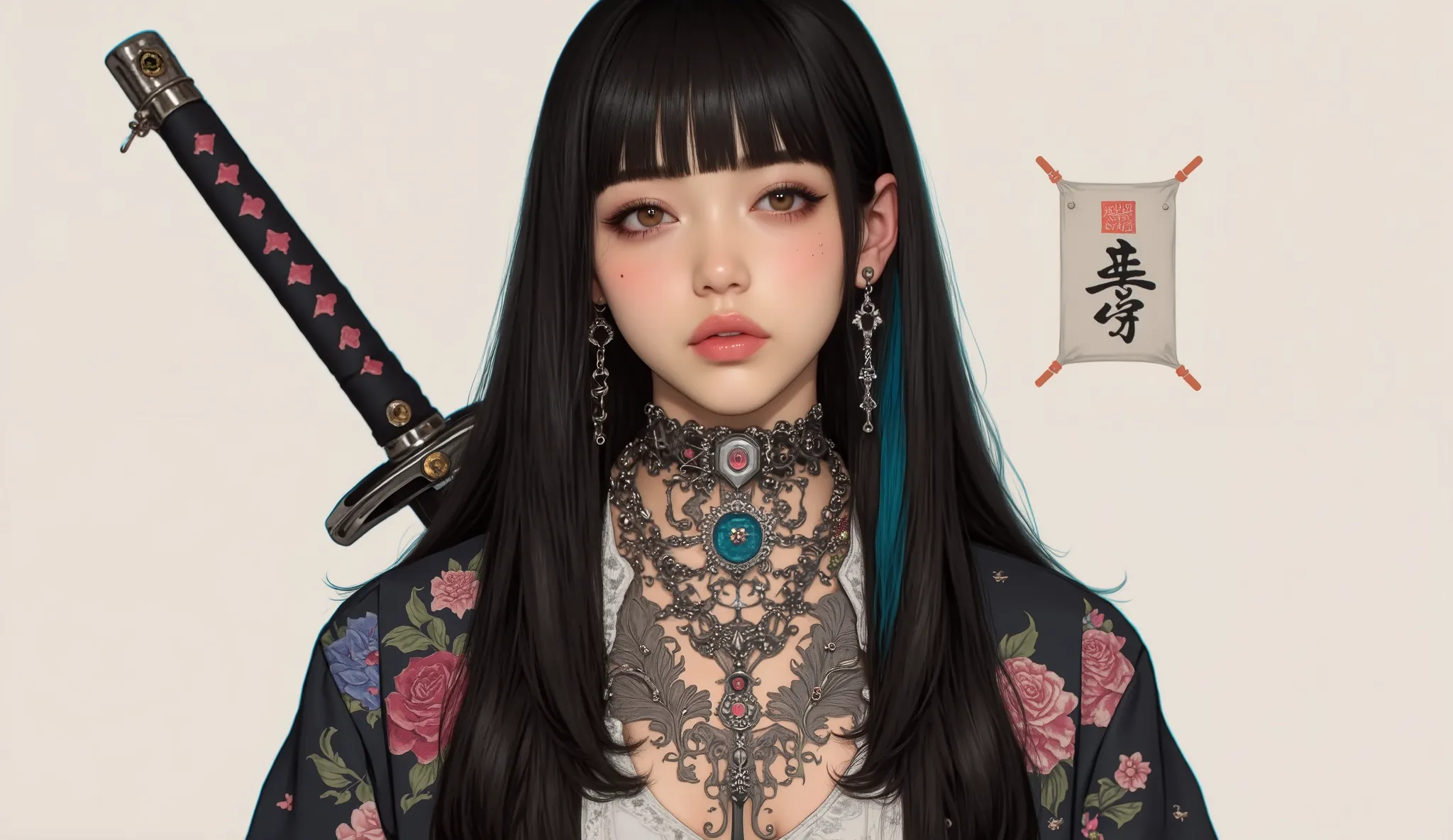 (masterpiece, ultra detailed,best quality,(((simple backgorund))), (((hip hop girl))), (((1 girl))), (((Flashy makeup))), (((Japanese style headphones))),((samurai sword at back )), (((kimono ))),(((TATOO))), beautiful girl, long multiCOLOR Hair, Delicate...