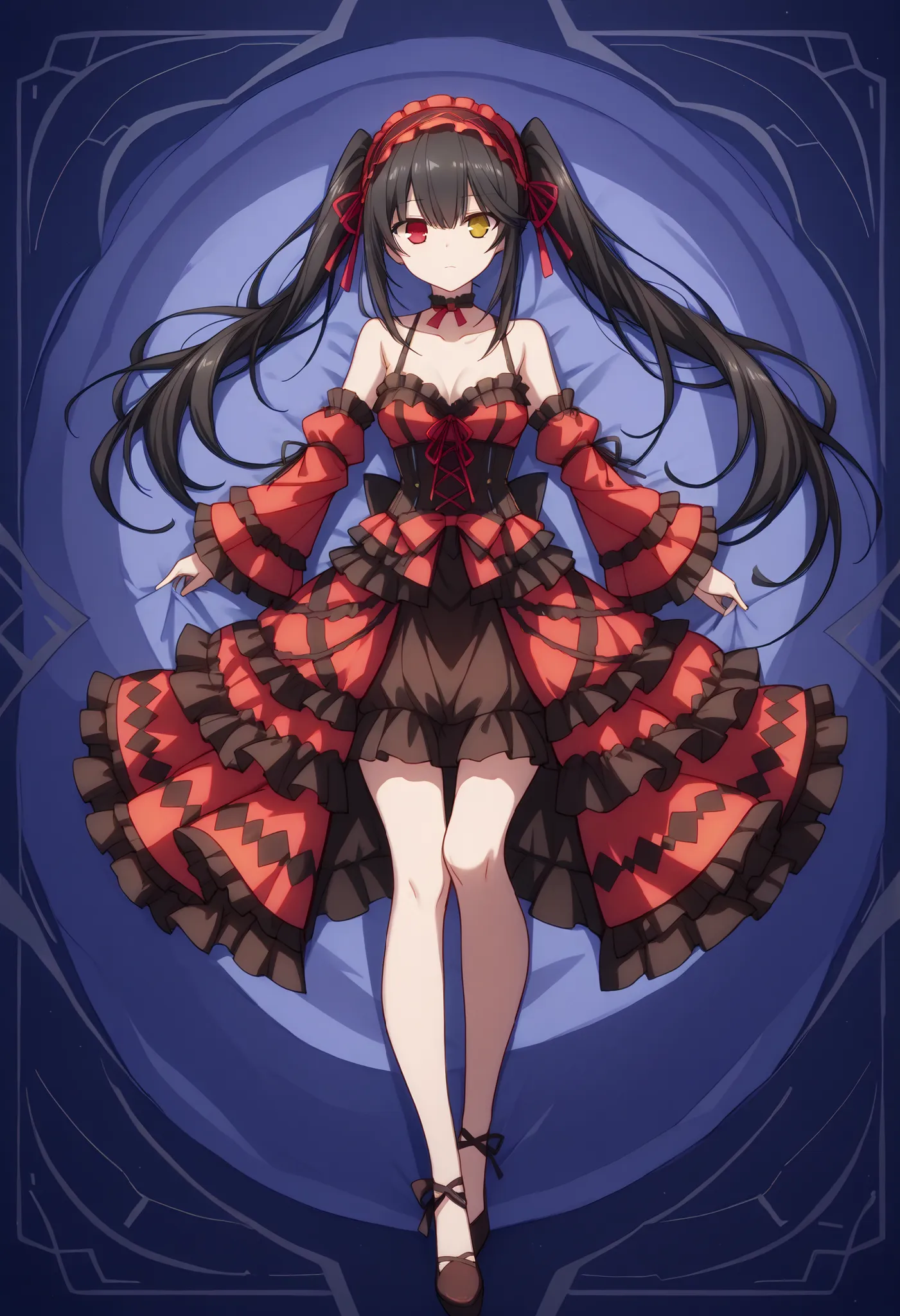 Sexy kurumi tokisaki astral dress , long hair , black hair , red eyes , twintails , yellow eyes , hairband , heterochromia , dress , red dress , bare shoulders , collarbone , choker , bowtie , red bowtie , detached sleeves , corset , frills , full body ,时崎...