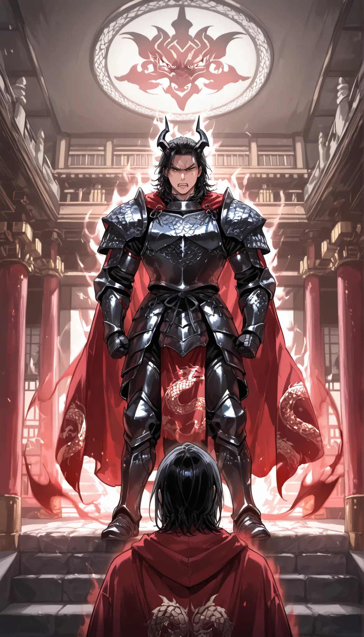 yakuza young boy, black hair, medium hair, handsome, Breastplate , Demon armor, black metal armor , thick armor , full armor, Detailed armor , Black Plate Armor, dragon patterns, dragon horn, red cloak, standing, angry, japanese castle room, dragon aura