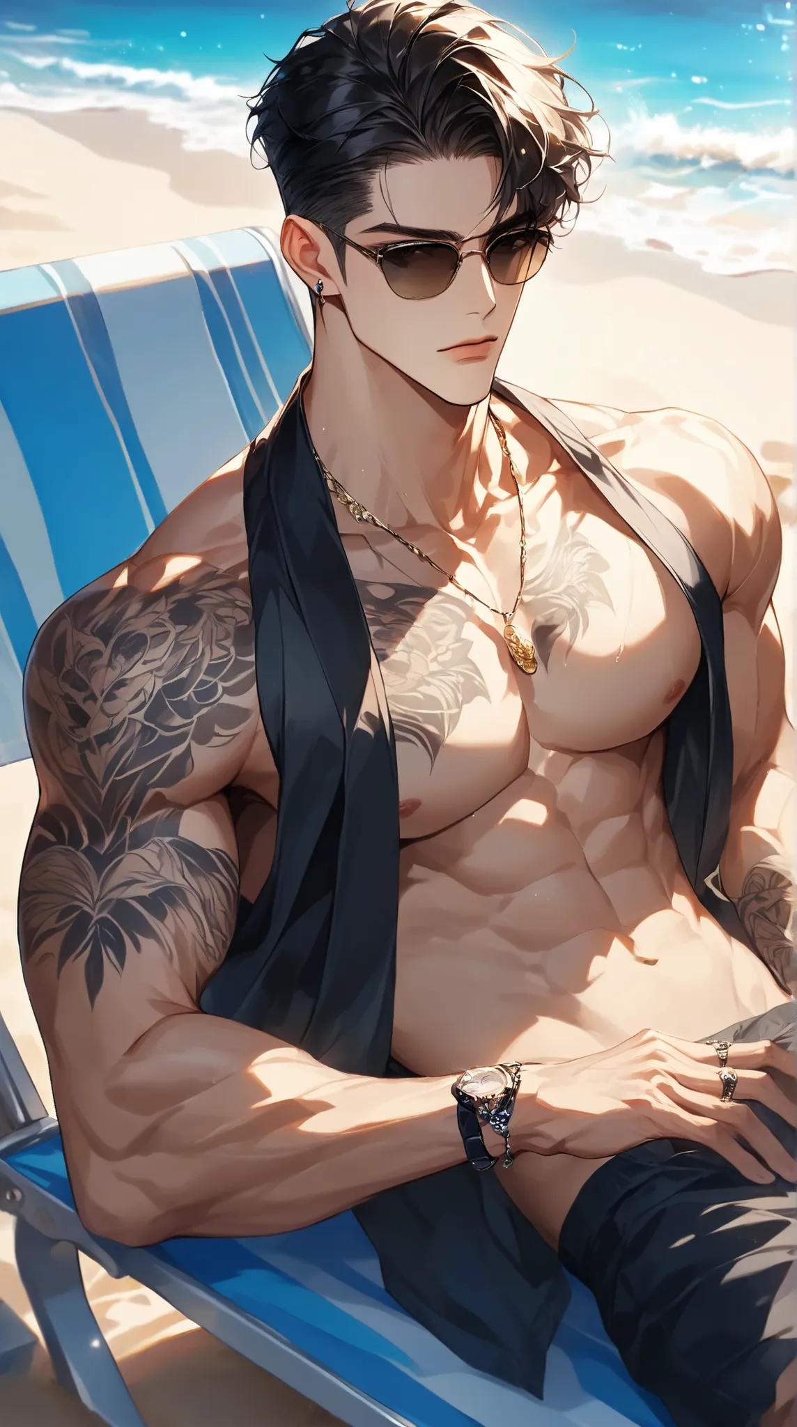 ( masterpiece , best quality:1 . 2) ,Handsome,model,muscular,fitness,Super short hair,Wear flip flops,Wear a necklace,naked on the upper body,Muscular man poses,Wear sunglasses,Tattoo, wearing swimming trunks,Medium shot,lying on a beach chair,model面对着大海,M...