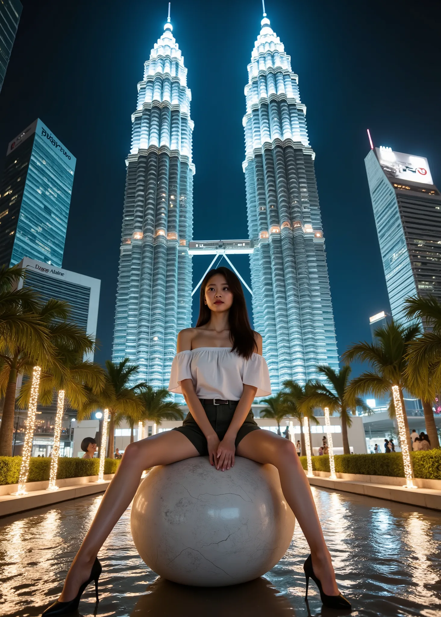 super real, photorealistic, dramatic scene, global lighting, LED Lighting , (Famous Japanese idol women), very cute and delicate Japanese girls, very beautiful、very pretty cool face, , surimi waist, (SHORT OFF SHOULDER、Khaki Shorts ), I Wore High Heels , ...