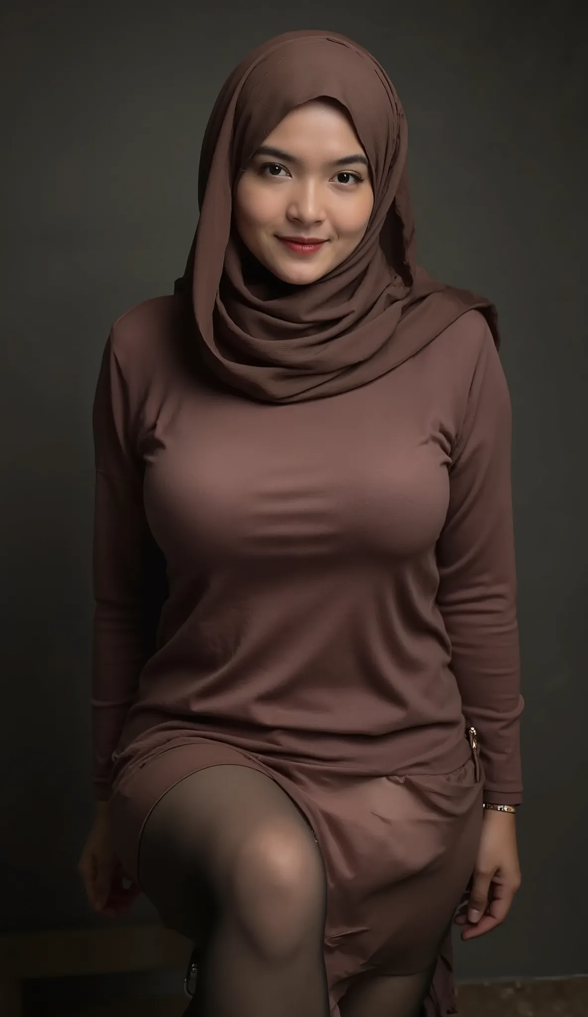 A beautiful Indonesia hijab girl, has big  big ass sexy body wearing a hijab climax face wearing no clothes except bras and stockings, the girl face looking at the viewer, horny face, seductive face, open her mouth slightly, in dark photo studio, cinematic...