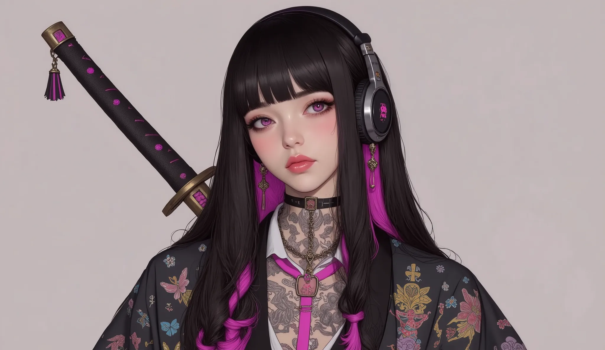 (masterpiece, ultra detailed,best quality,(((simple backgorund))), (((hip hop girl))), (((1 girl))), (((Flashy makeup))), (((Japanese style headphones))),((samurai sword at back )), (((kimono ))),(((TATOO))), beautiful girl, long multiCOLOR Hair, Delicate...