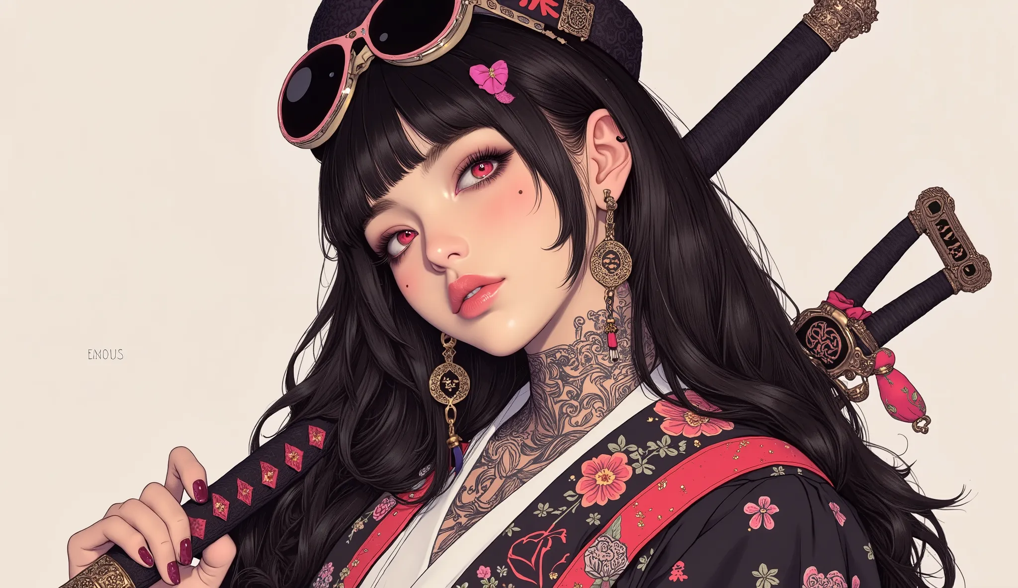 (masterpiece, ultra detailed,best quality,(((simple backgorund))),HALF BOCY (((hip hop girl))), (((1 girl))), (((Flashy makeup))), (((Japanese style headphones))),((samurai sword at back )), (((kimono ))),(((TATOO))), beautiful girl, long multiCOLOR Hair,...