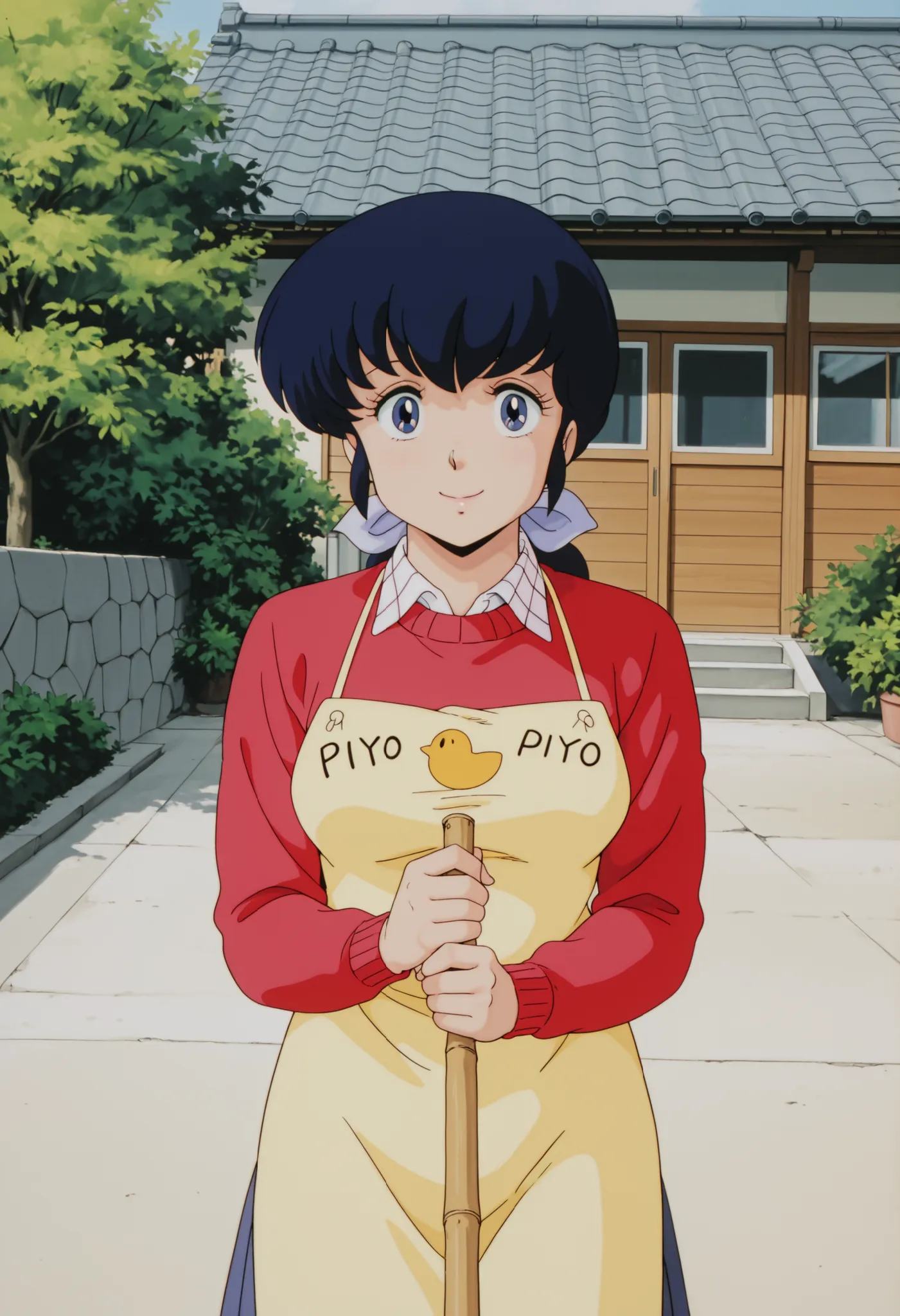 masterpiece, best quality, amazing quality, detailed background, perfect eyes, anime coloring, anime screenshot, 1980s \(style\), 1girl, solo, mature female, otonashi kyouko, black hair, long hair, , blue eyes, medium breasts, yellow shirt under red sweate...