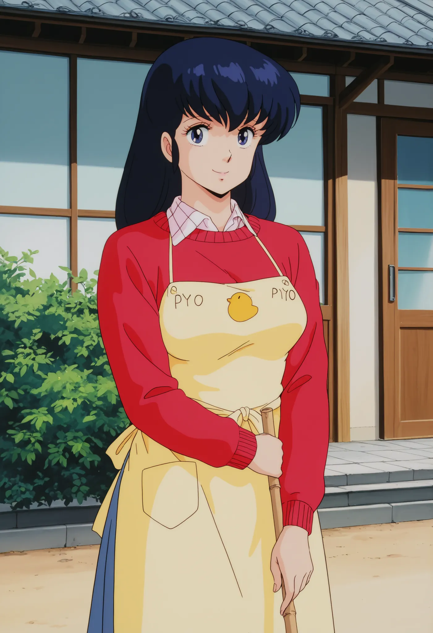masterpiece, best quality, amazing quality, detailed background, perfect eyes, anime coloring, anime screenshot, 1980s \(style\), 1girl, solo, mature female, otonashi kyouko, black hair, long hair, , blue eyes, medium breasts, yellow shirt under red sweate...