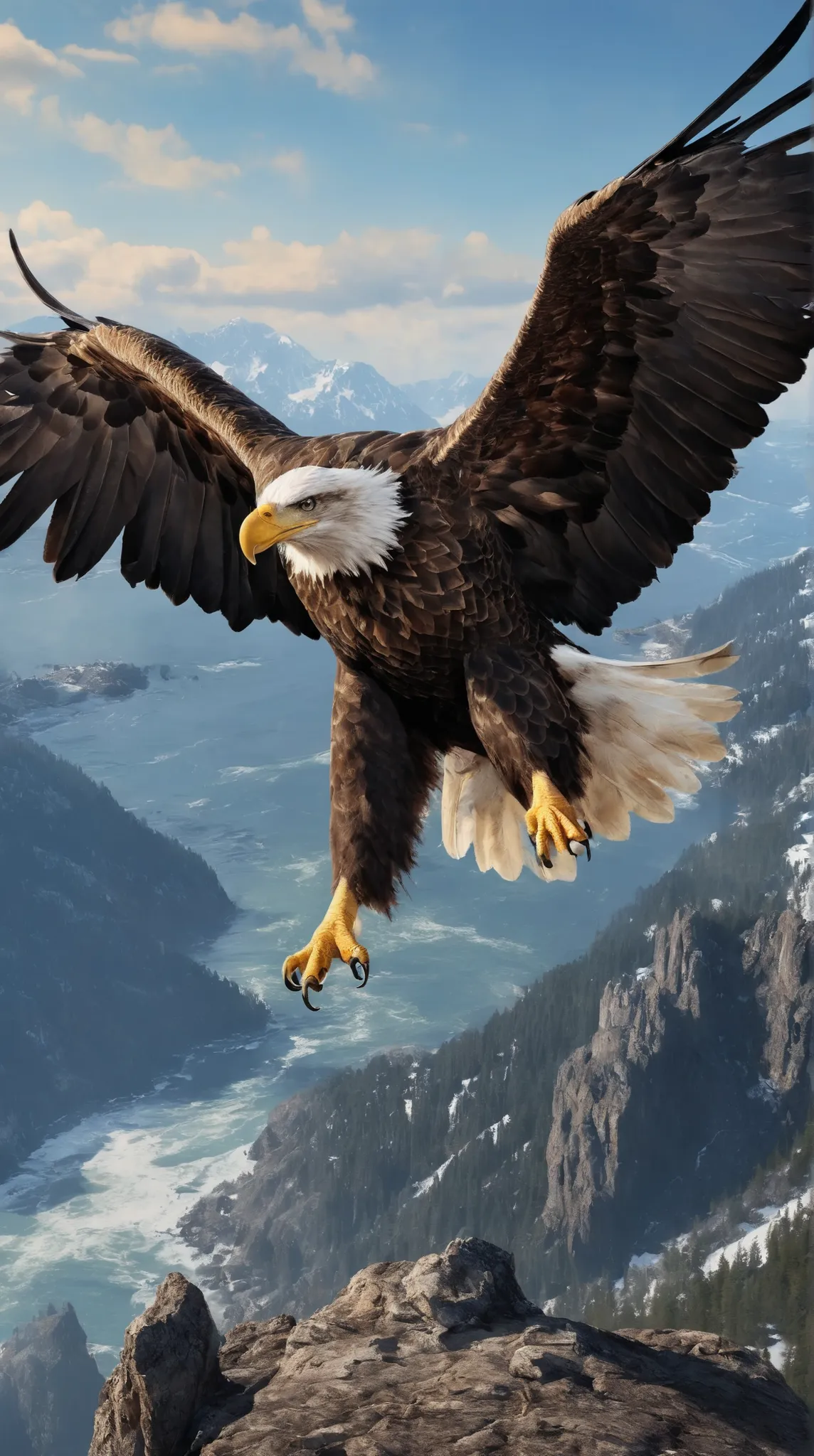 high definition画像で,Wings of a large eagle, Flying majestically over the far above the rocky mountains, American Eagle , dynamic, ((( One Big Eagle )))), high definition, DIGITAL PAINTING, detailed images, 4K、Rocky Mountain and Ocean Background 。