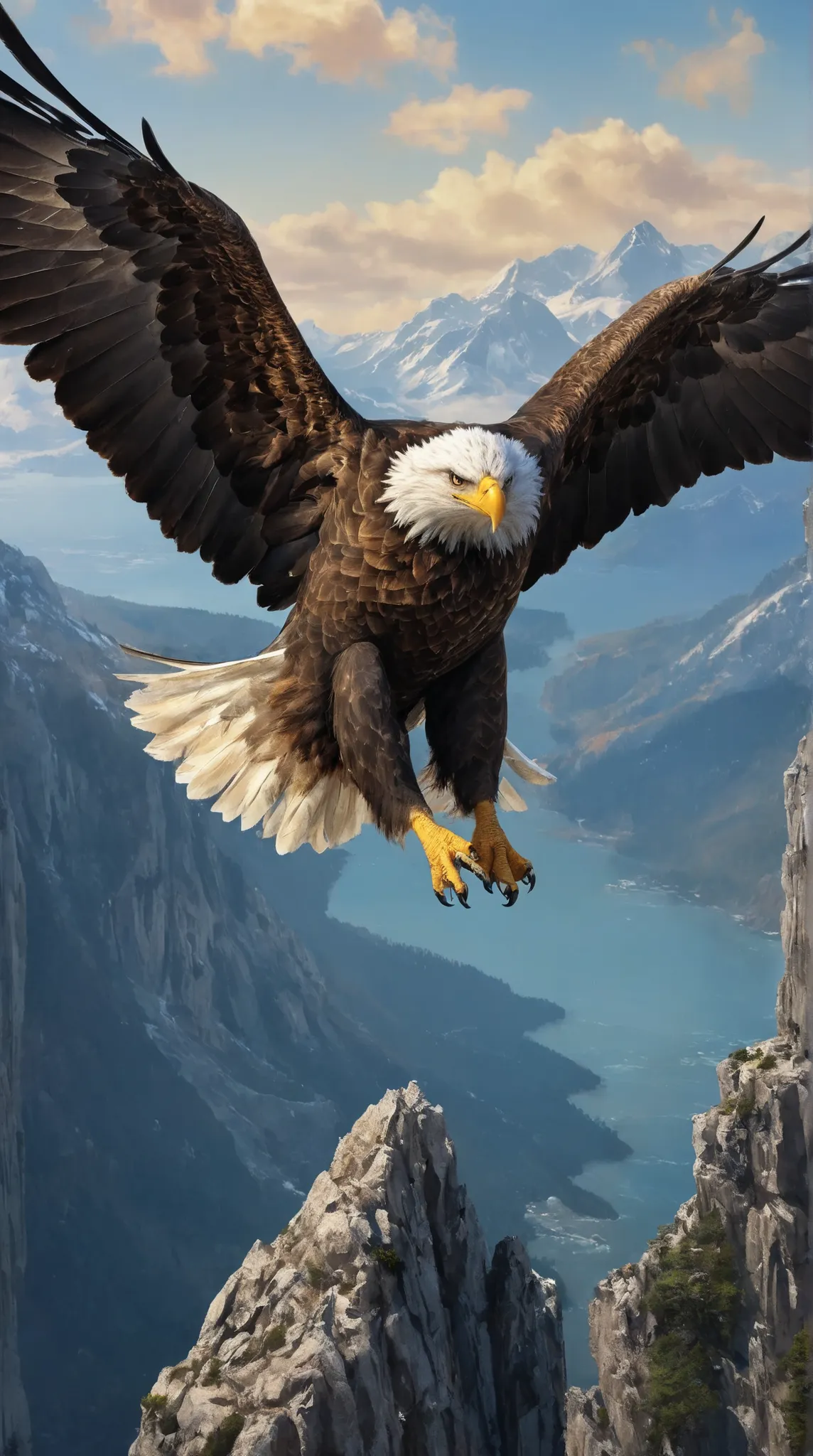 high definition画像で,Wings of a large eagle, Flying majestically over the far above the rocky mountains, American Eagle , dynamic, ((( One Big Eagle )))), high definition, DIGITAL PAINTING, detailed images, 4K、Rocky Mountain and Ocean Background 。
