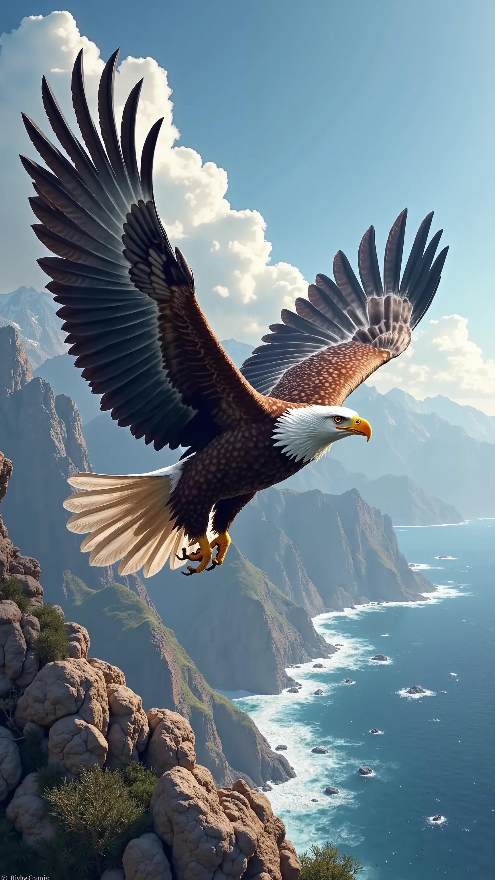  high definition画像で，Wings of a large eagle,  Flying majestically over the far above the rocky mountains,  American Eagle , dynamic, ((( One Big Eagle )))),  high definition,  DIGITAL PAINTING,  detailed images, 4K、Rocky Mountain and Ocean Background 。