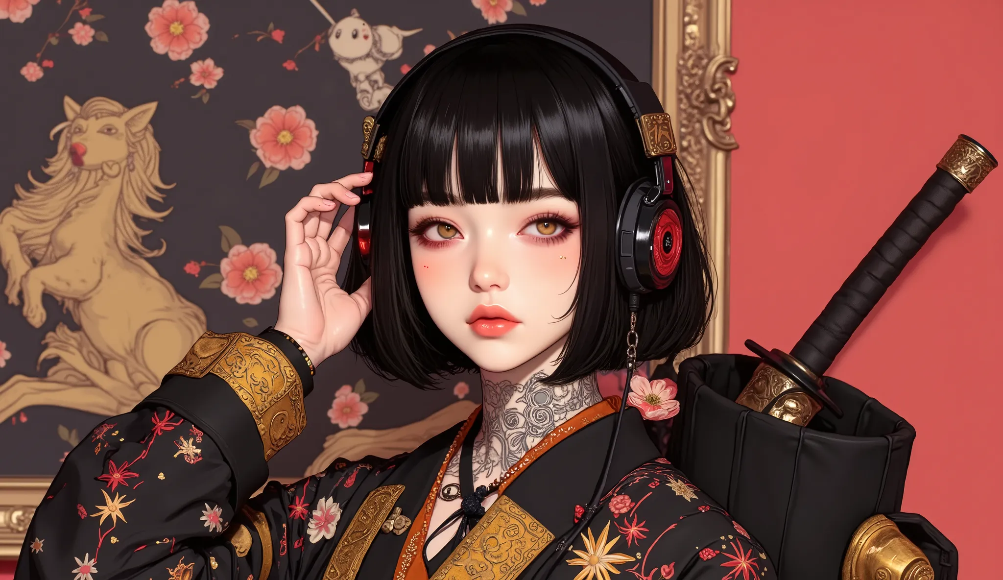 (masterpiece, ultra detailed,best quality,(((simple backgorund))),HALF BOCY (((hip hop girl))), (((1 girl))), (((Flashy makeup))), (((Japanese style headphones))),((samurai sword at back )), (((kimono black gold ))),(((TATOO))), beautiful girl, short multi...