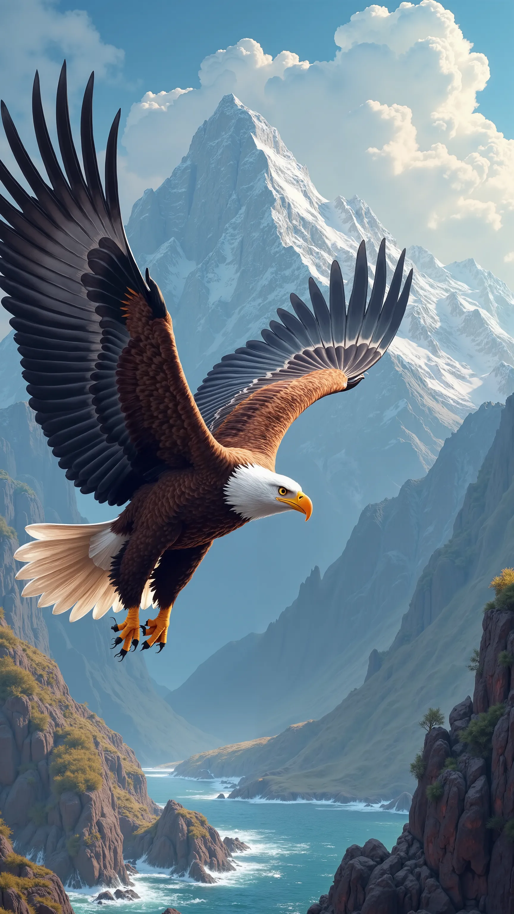  high definition画像で，Wings of a large eagle,  Flying majestically over the far above the rocky mountains,  American Eagle , dynamic, ((( One Big Eagle )))),  high definition,  DIGITAL PAINTING,  detailed images, 4K、Rocky Mountain and Ocean Background 。