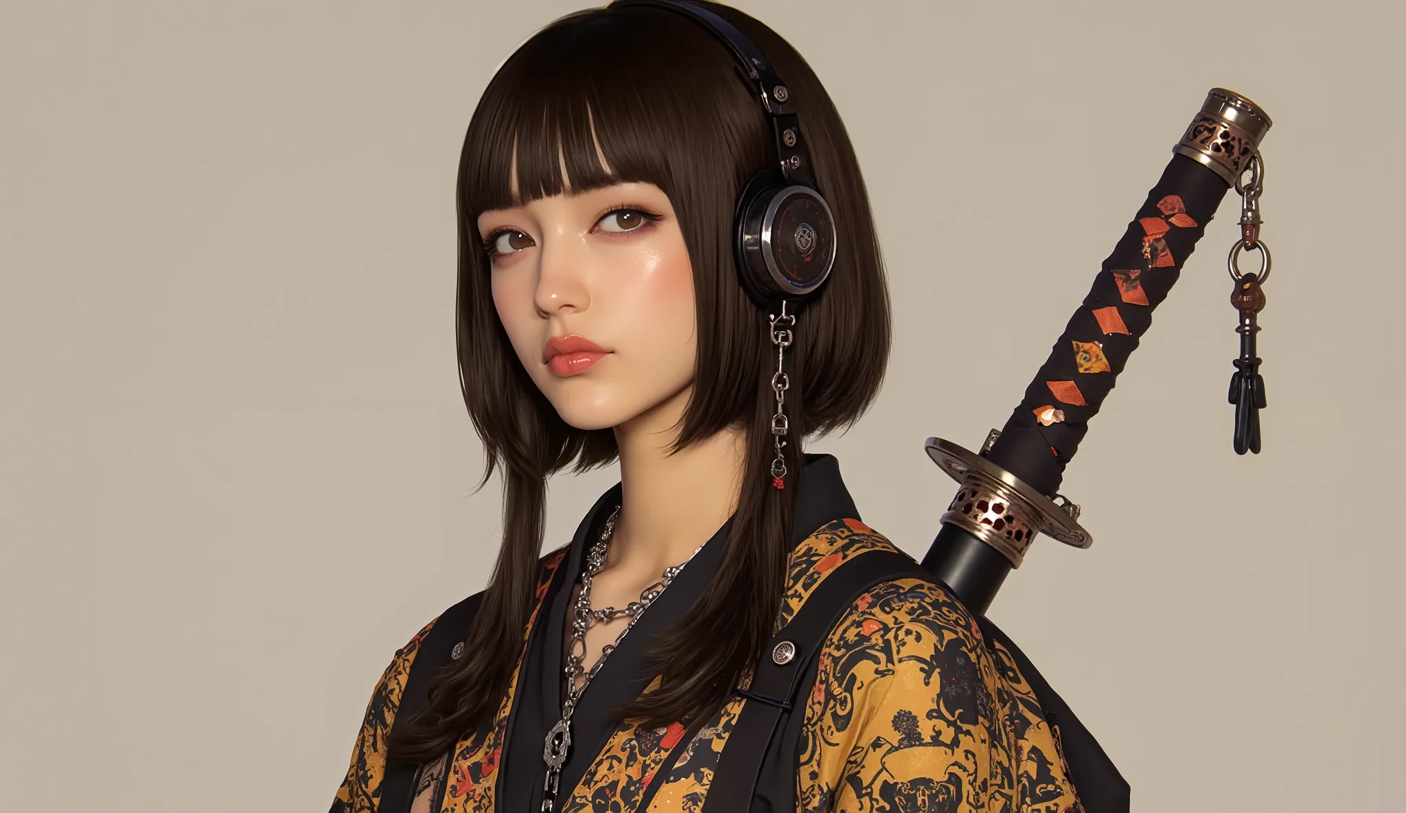 (masterpiece, ultra detailed,best quality,(((simple backgorund))),HALF BOCY (((hip hop girl))), (((1 girl))), (((Flashy makeup))), (((Japanese style headphones))),((samurai sword at back )), (((kimono black gold ))),(((TATOO))), beautiful girl, short multi...