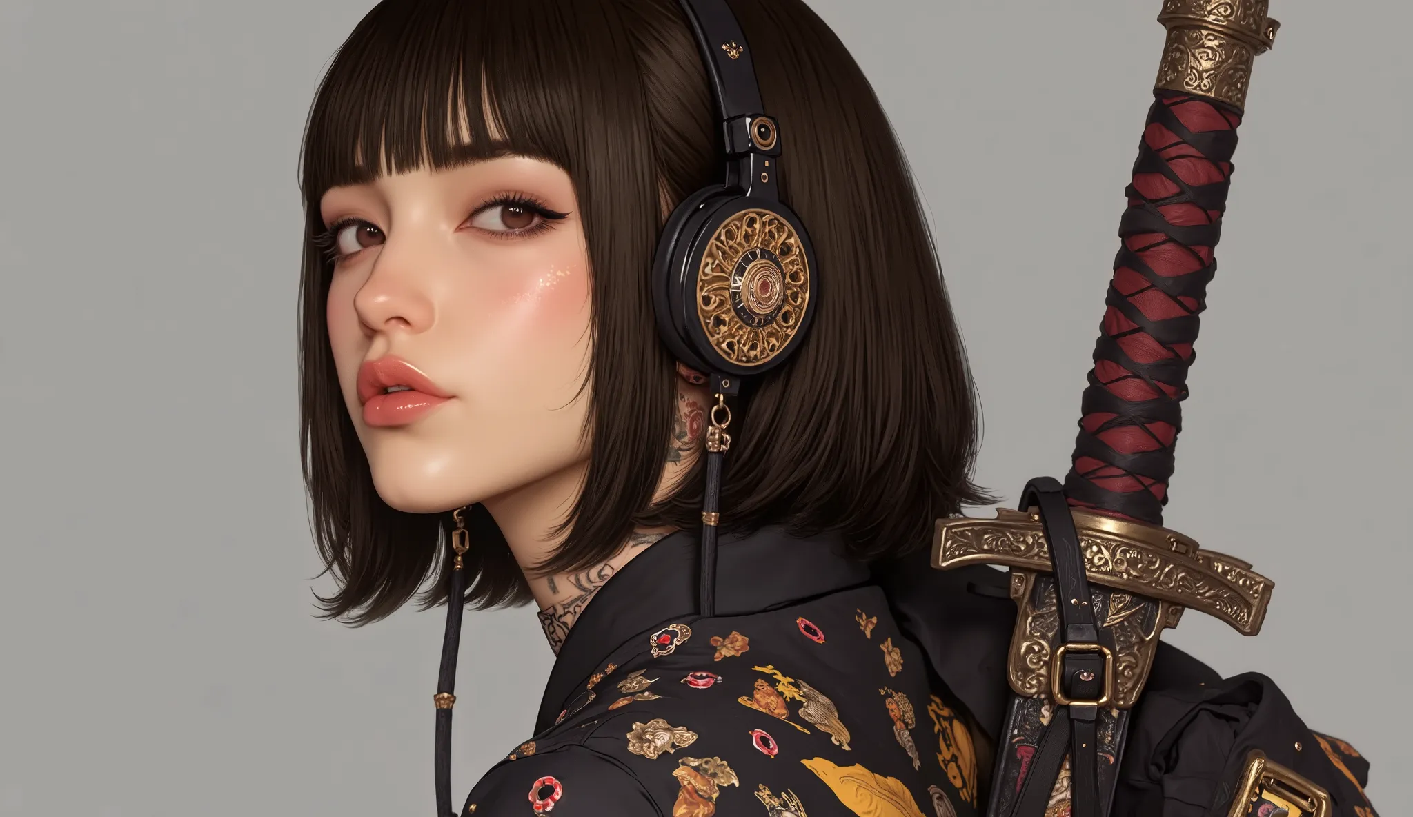 (masterpiece, ultra detailed,best quality,(((simple backgorund))),HALF BOCY (((hip hop girl))), (((1 girl))), (((Flashy makeup))), (((Japanese style headphones))),((samurai sword at back )), (((kimono black gold ))),(((TATOO))), beautiful girl, short multi...
