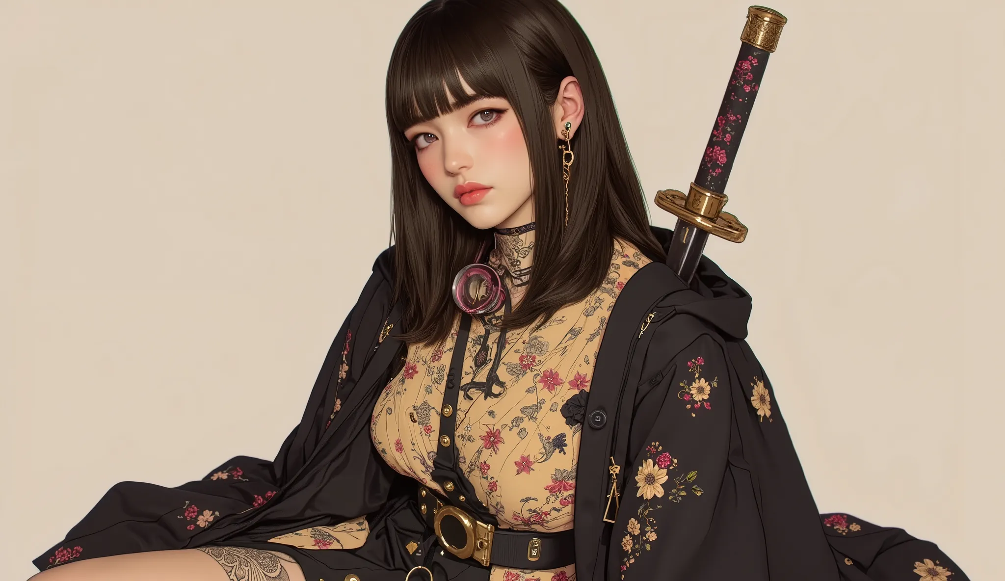 (masterpiece, ultra detailed,best quality,(((simple backgorund))),full BOdY (((hip hop girl))), (((1 girl))), (((Flashy makeup))), (((Japanese style headphones))),((samurai sword at back )), (((kimono black gold ))),(((TATOO))), beautiful girl, short multi...