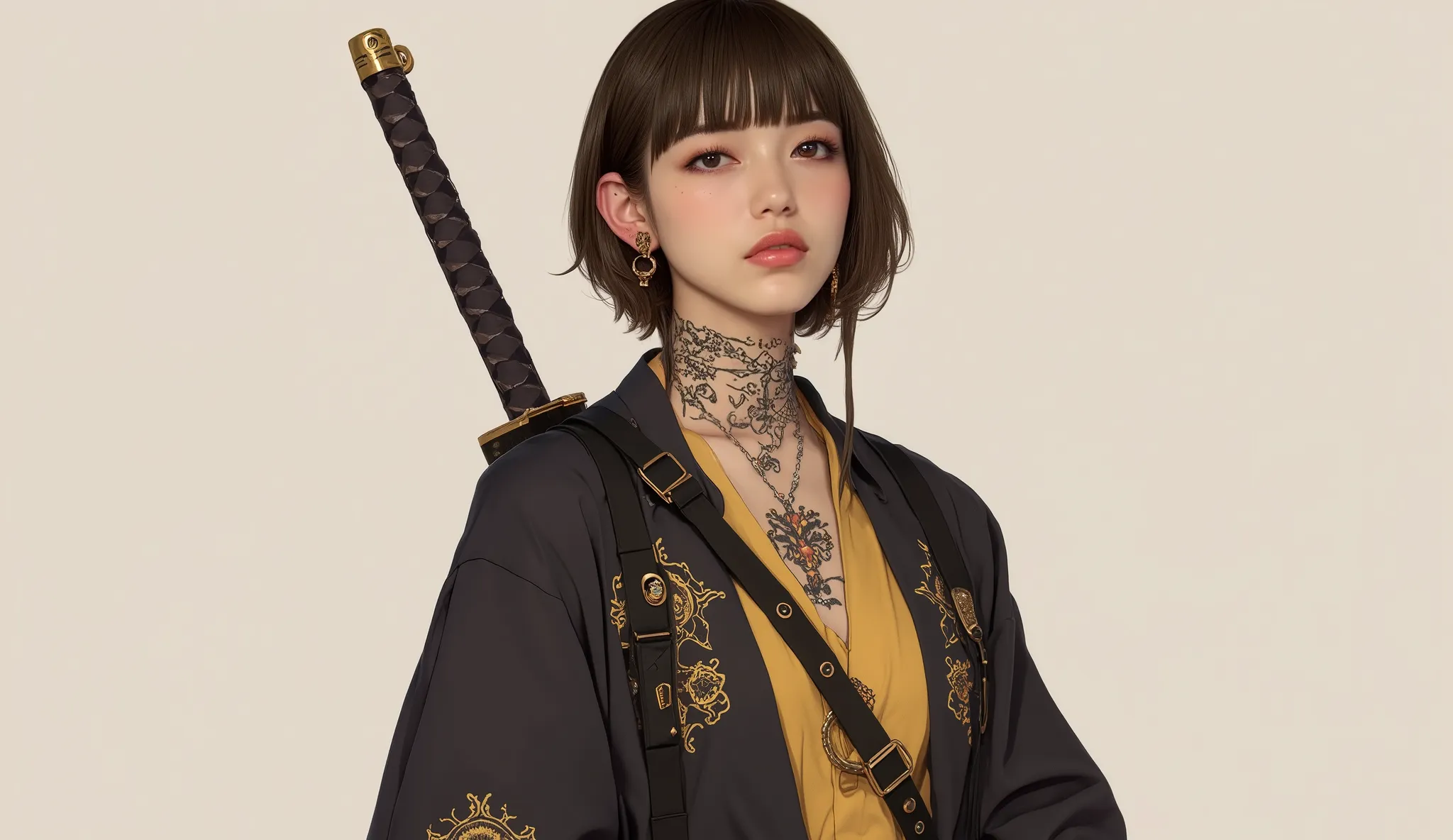 (masterpiece, ultra detailed,best quality,(((simple backgorund))),full BOdY (((hip hop girl))), (((1 girl))), (((Flashy makeup))), (((Japanese style headphones))),((samurai sword at back )), (((kimono black gold ))),(((TATOO))), beautiful girl, short multi...